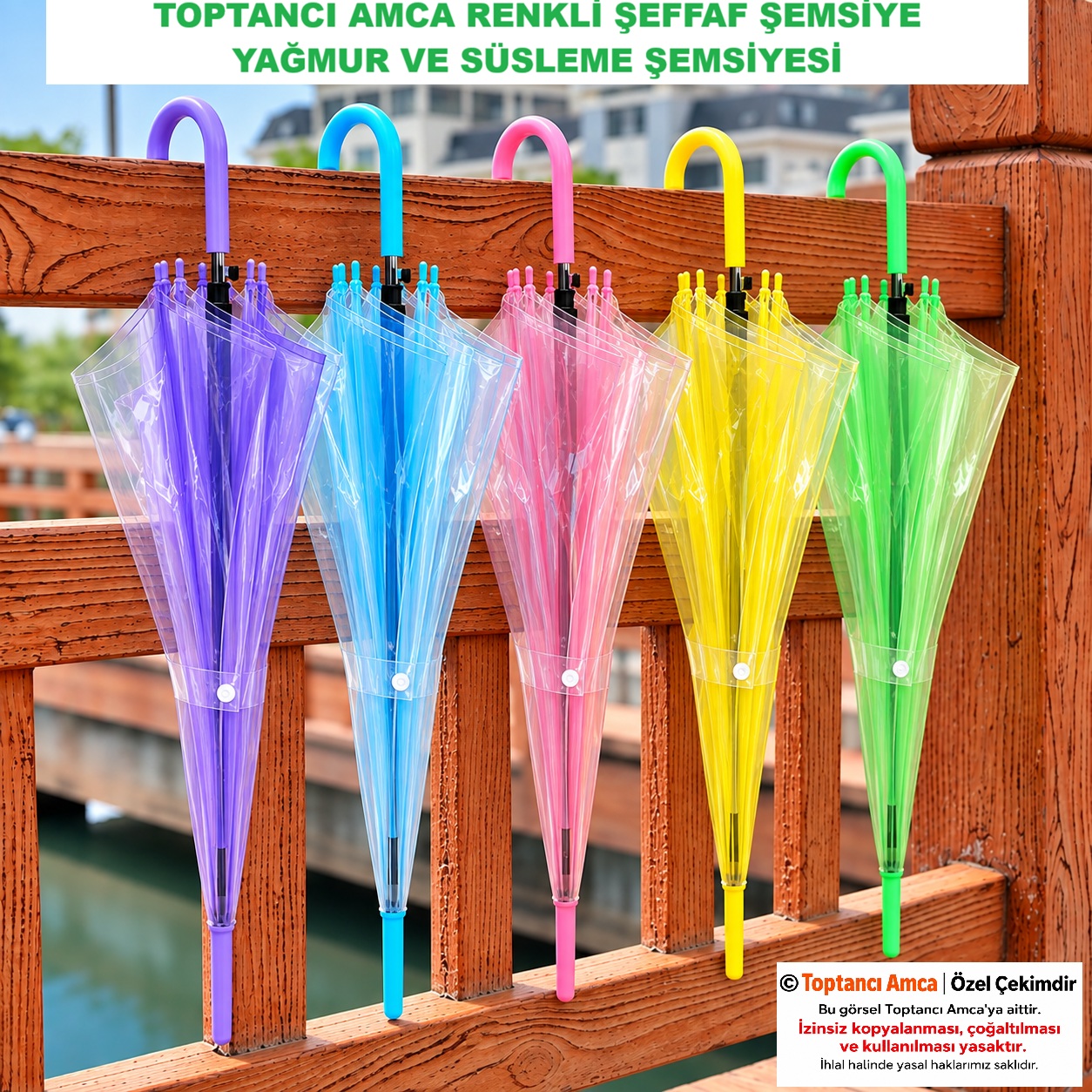 Renkli Şeffaf Şemsiye 8 Telli 90 cm çaplı baston şemsiye sarı 4