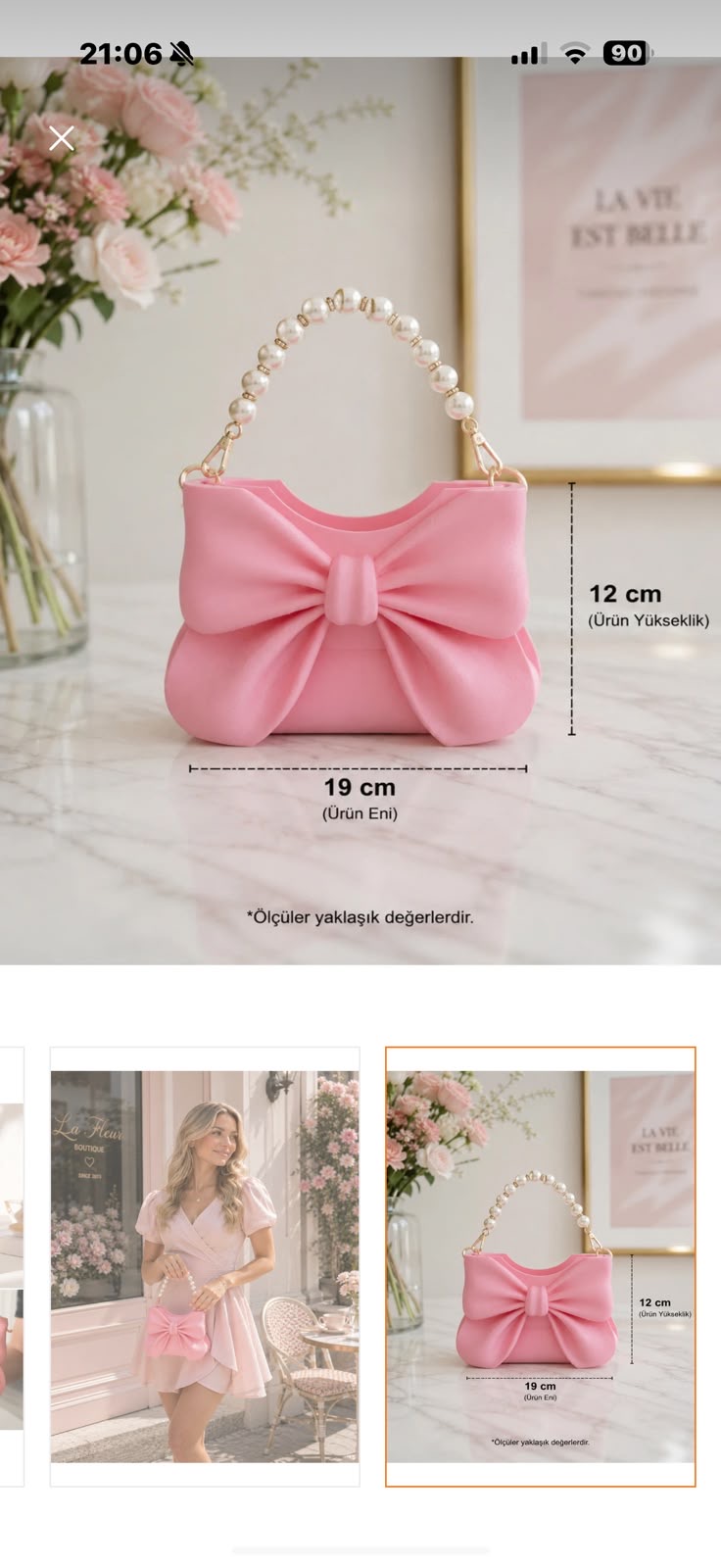 Victoria&Co Fiyonklu kadın el çantası inci saplı toz pembe 19x12 cm 2