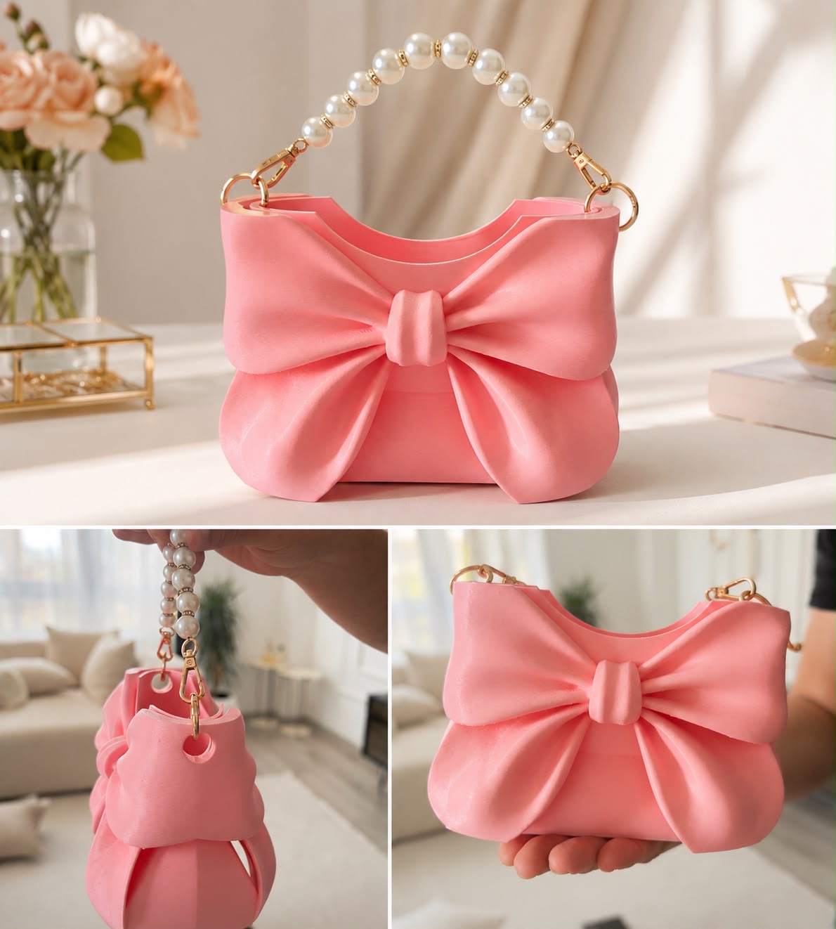 Victoria&Co Fiyonklu kadın el çantası inci saplı toz pembe 19x12 cm
