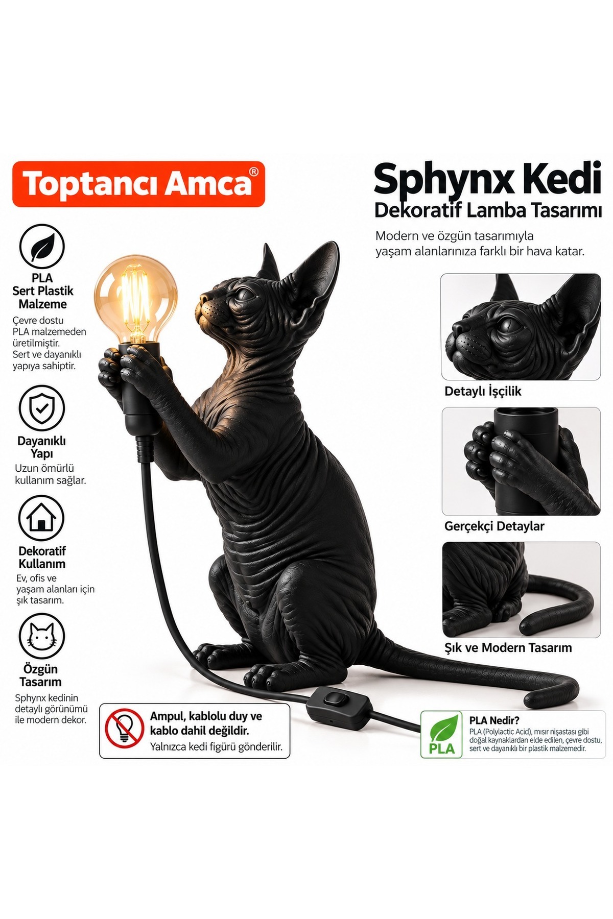 Kedi Dekoratif Lamba Figürü PLA Sert Plastik 3D Baskı Modern Masa Lambası Tasarımı