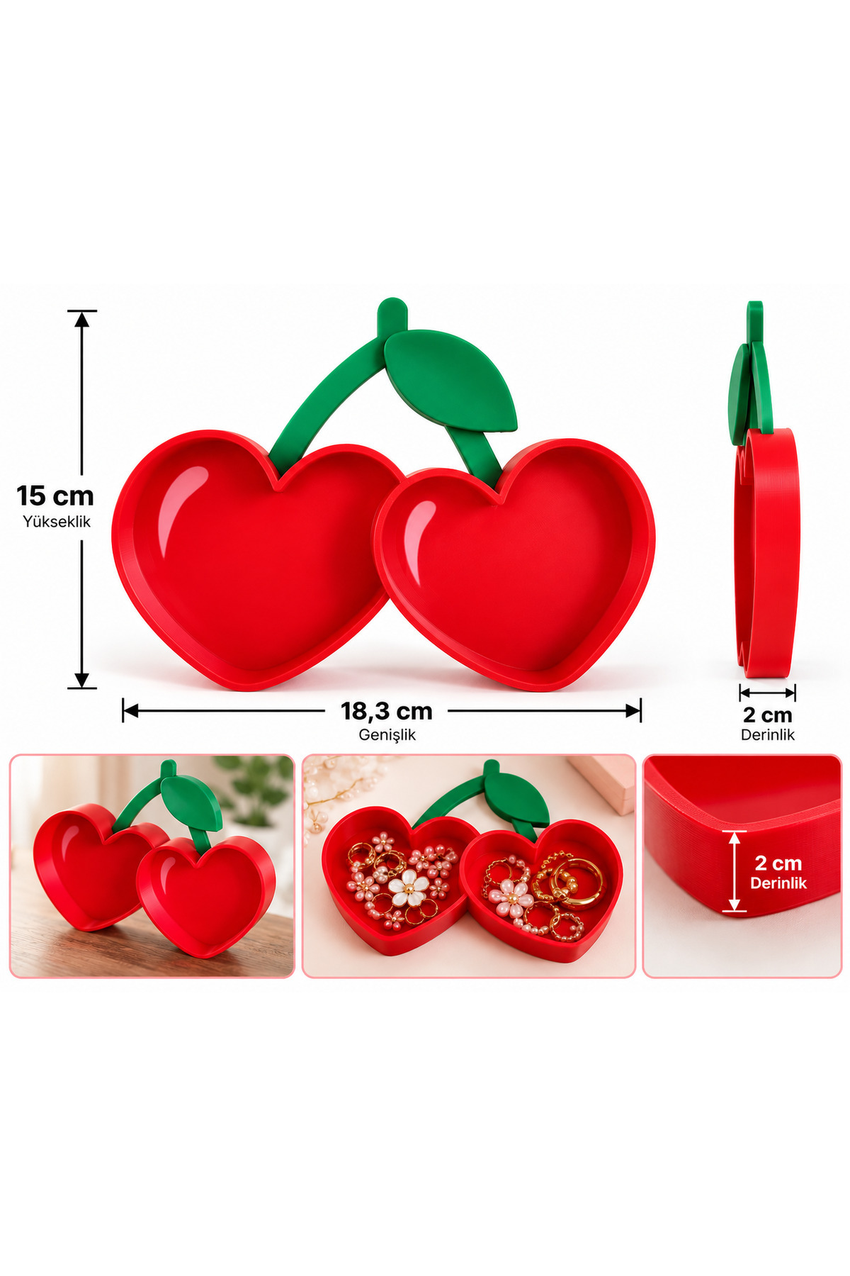 Kiraz Şeklinde Dekoratif Kalp Kutu – Kapaklı 3D Baskı Takı ve Aksesuar Saklama Kutusu 3