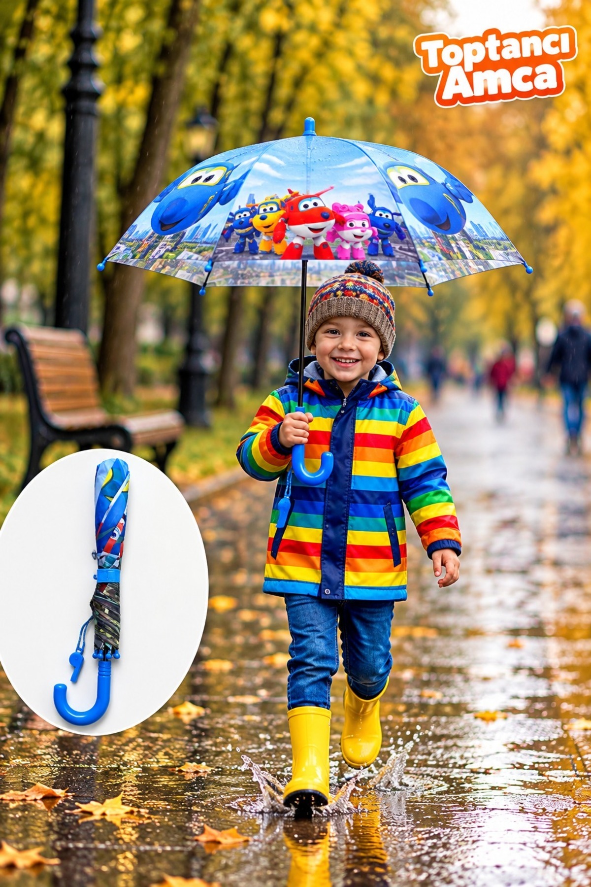 Çocuk Şemsiyesi 85 cm 8 Telli Uçak Desenli Düdüklü Saplı Çocuk Yağmur Şemsiyesi 1