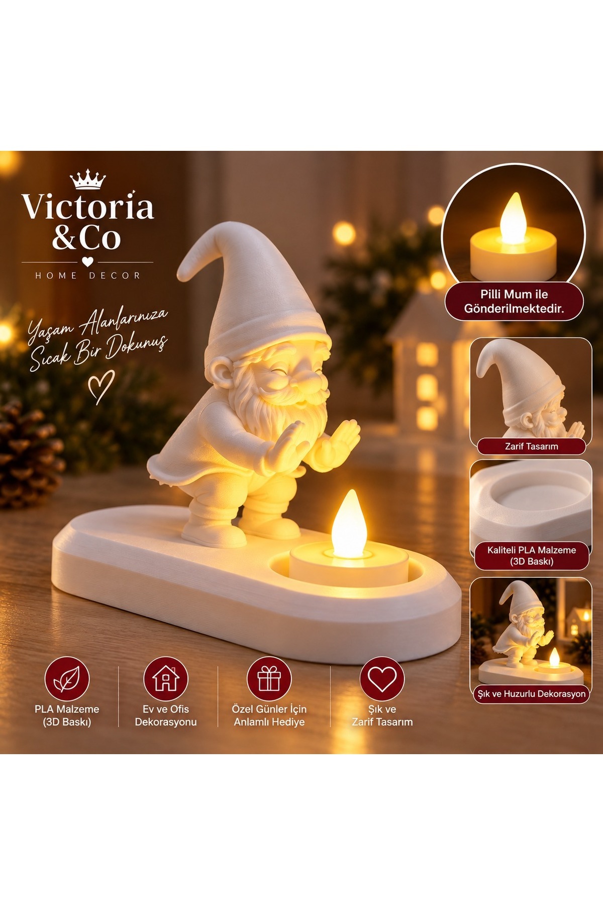 Dekoratif Noel Cücesi LED Mumluk – 3D PLA Baskı, Pilli Tealight Mum Hediyeli