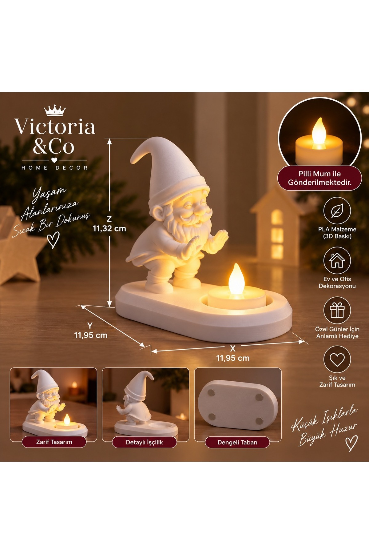 Dekoratif Noel Cücesi LED Mumluk – 3D PLA Baskı, Pilli Tealight Mum Hediyeli 3