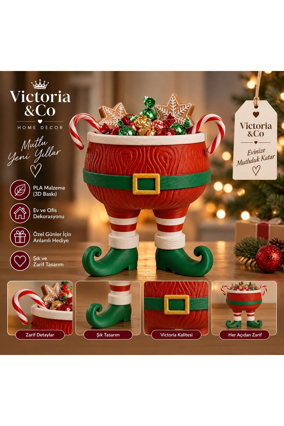 Boyanabilir Noel Temalı Elf Bacaklı Dekoratif Şekerlik – 3D PLA Baskı, Boyama Seti Hediyeli 2