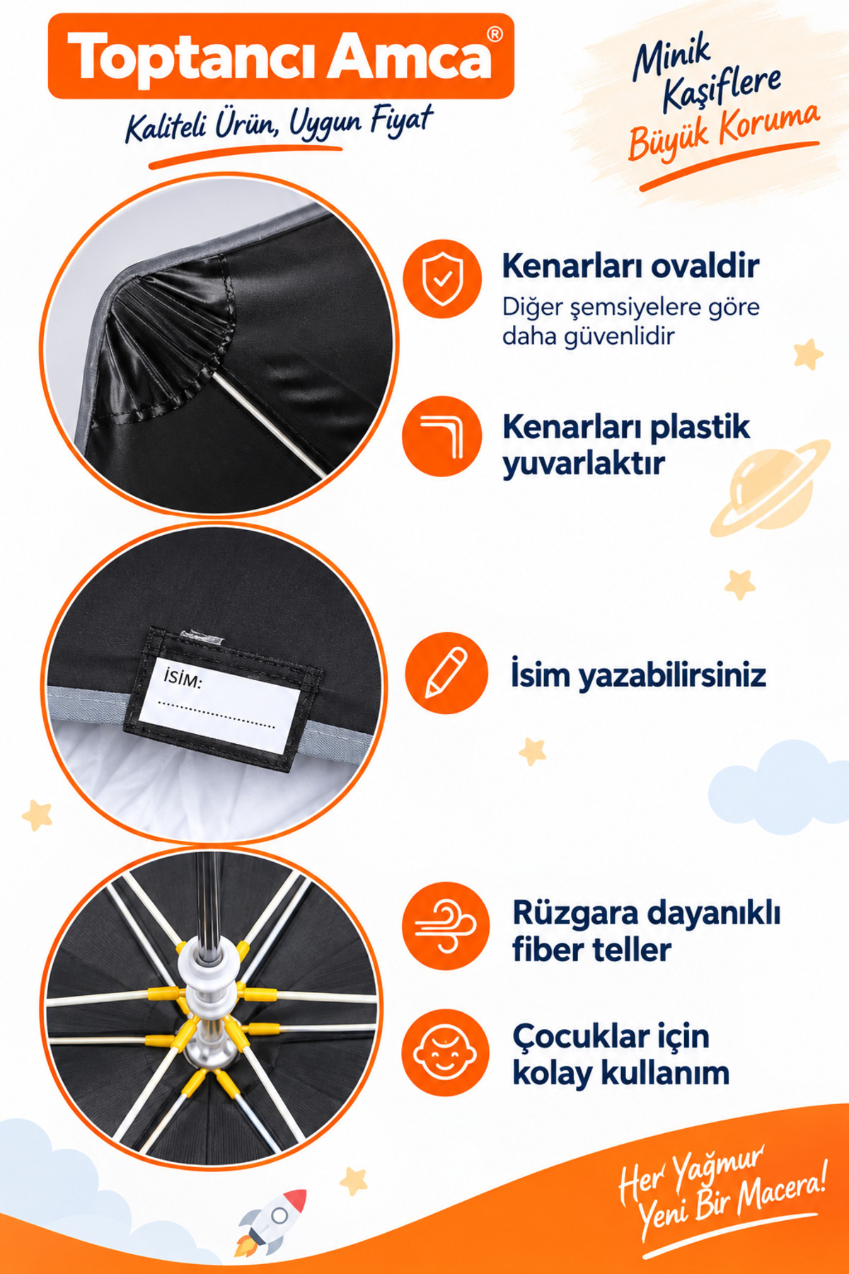 Çocuk Şemsiyesi 6 Gen 93 cm Uzay Astronot Desenli Fosforlu Kenarlı UPK Bordürlü Su Geçirmez Çocuk Şemsiyesi 4