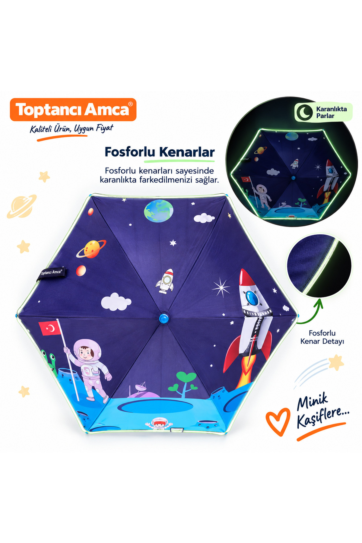 Çocuk Şemsiyesi 6 Gen 93 cm Uzay Astronot Desenli Fosforlu Kenarlı UPK Bordürlü Su Geçirmez Çocuk Şemsiyesi 3