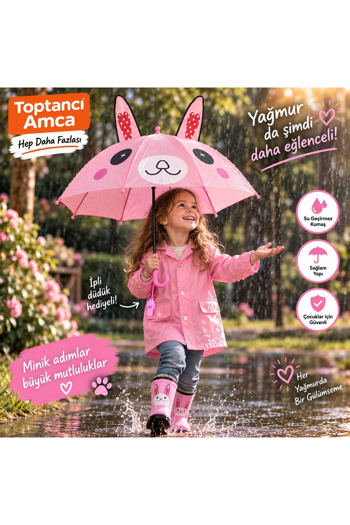 Çocuk Tavşan Figürlü Kulaklı Pembe Şemsiye – İpli Düdüklü Sevimli Çocuk Yağmur Şemsiyesi 1
