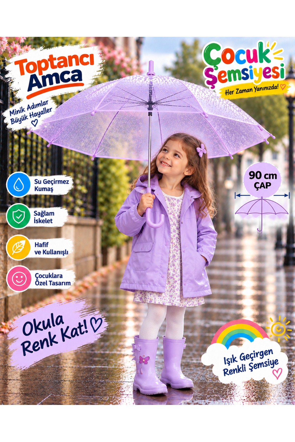 Çocuk Şemsiyesi 90 cm Renkli Şeffaf 8 Telli Işık Geçiren Yağmur Şemsiyesi 3