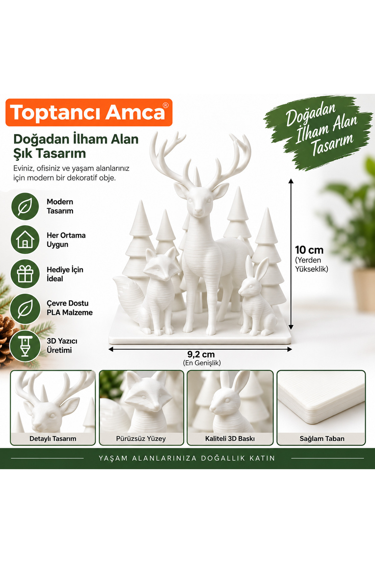 3D Baskı Orman Temalı Dekoratif Geyik Tilki Tavşan Çam Ağacı Biblo Seti 10 cm 2