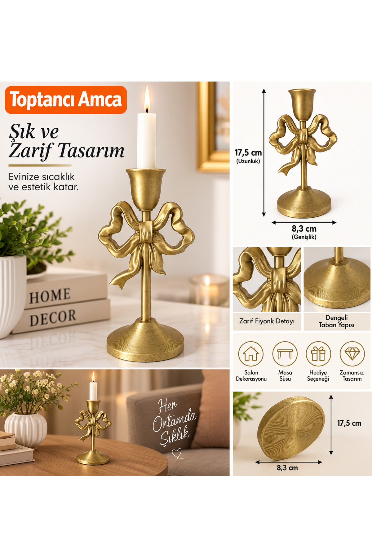 Dekoratif Fiyonklu Gold Mumluk Şamdan 17,5 cm Zarif Masa ve Ev Dekorasyonu