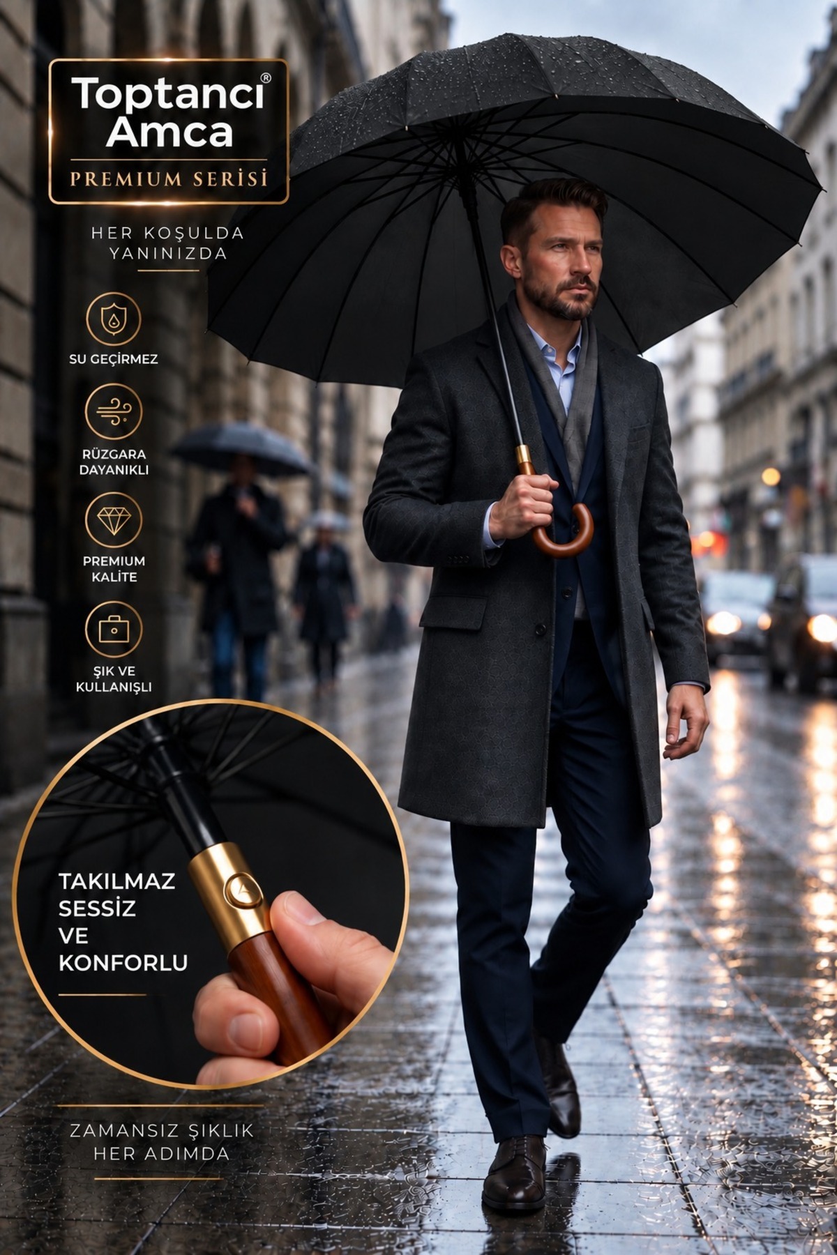 Premium Baston Şemsiye 115 cm Fiber Kalın İskelet Pongee Kumaş Rüzgar Dayanıklı Kılıflı - 1