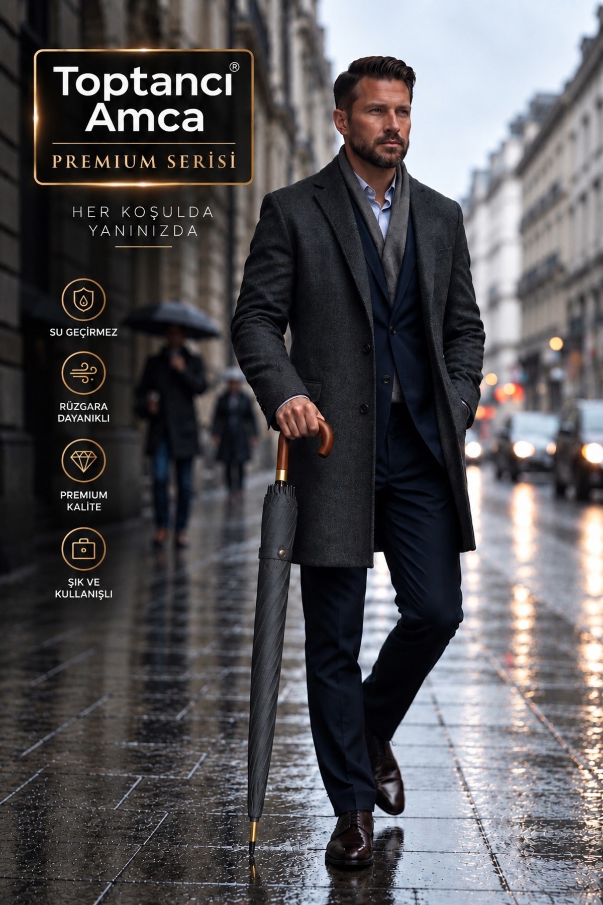 Premium Baston Şemsiye 115 cm Fiber Kalın İskelet Pongee Kumaş Rüzgar Dayanıklı Kılıflı 2