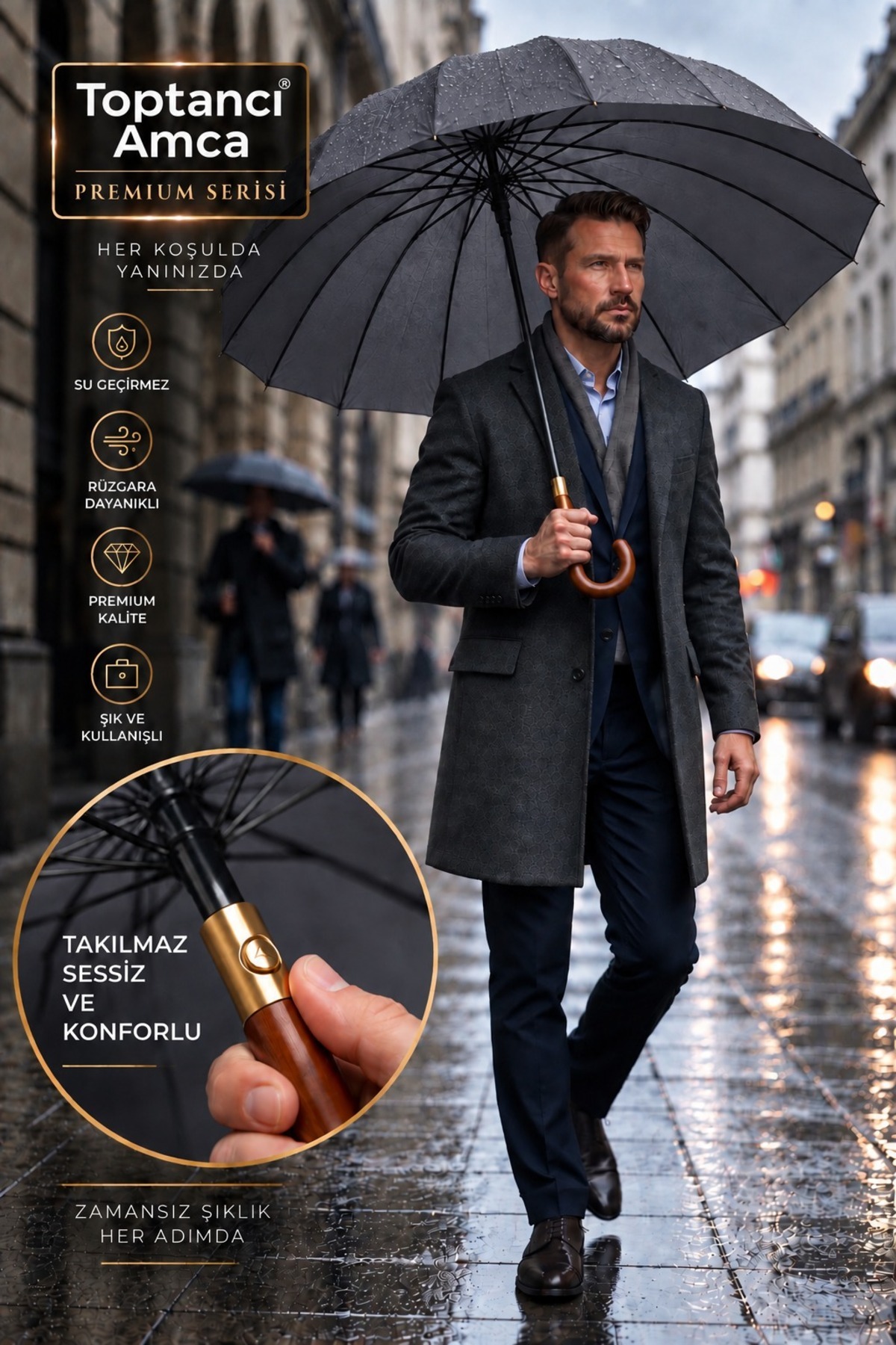 Premium Baston Şemsiye 115 cm Fiber Kalın İskelet Pongee Kumaş Rüzgar Dayanıklı Kılıflı 1