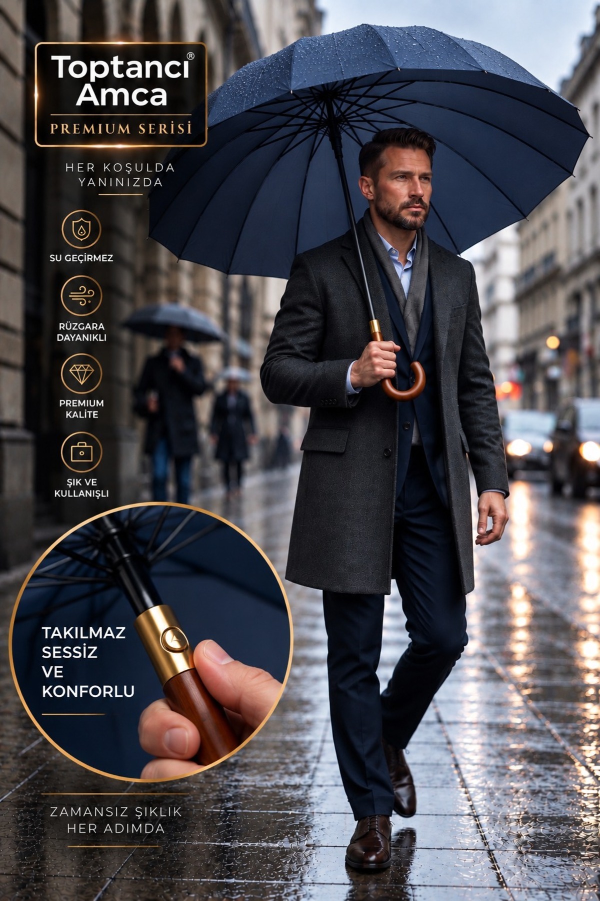 Premium Baston Şemsiye 115 cm Fiber Kalın İskelet Pongee Kumaş Rüzgar Dayanıklı Kılıflı 1