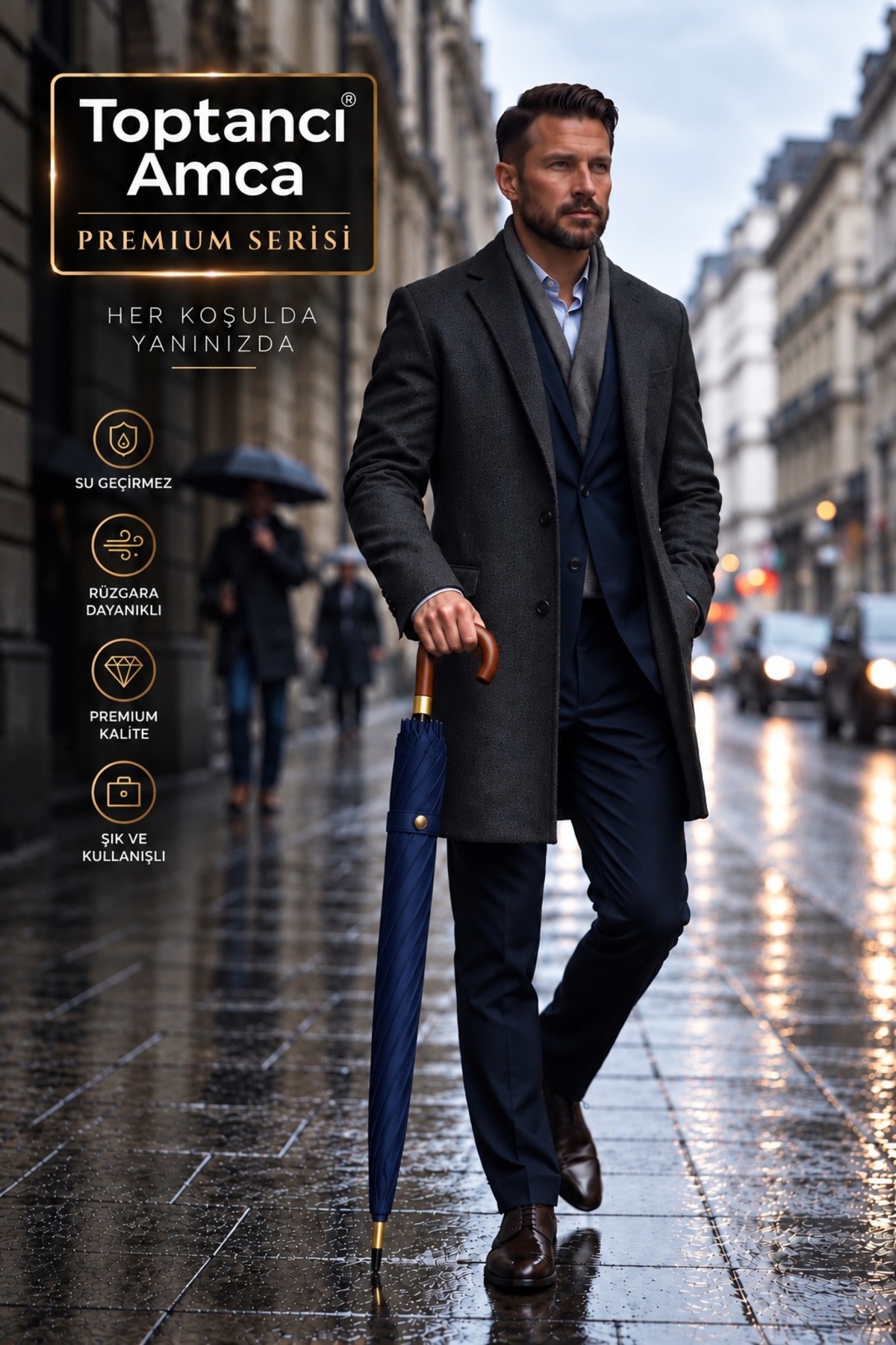 Premium Baston Şemsiye 115 cm Fiber Kalın İskelet Pongee Kumaş Rüzgar Dayanıklı Kılıflı 2