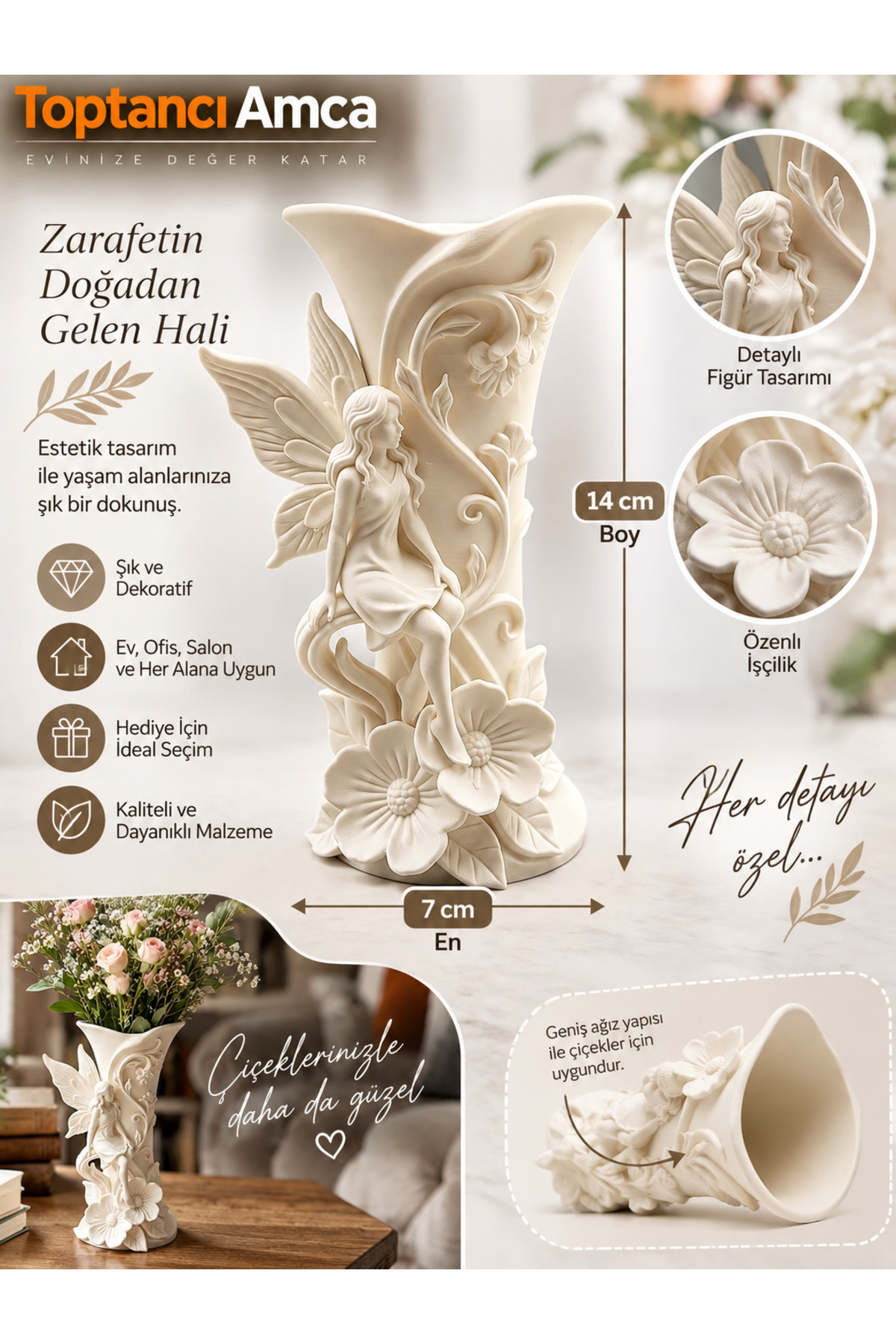 Dekoratif Melek Figürlü Çiçeklik Vazo Biblo 14 cm 2