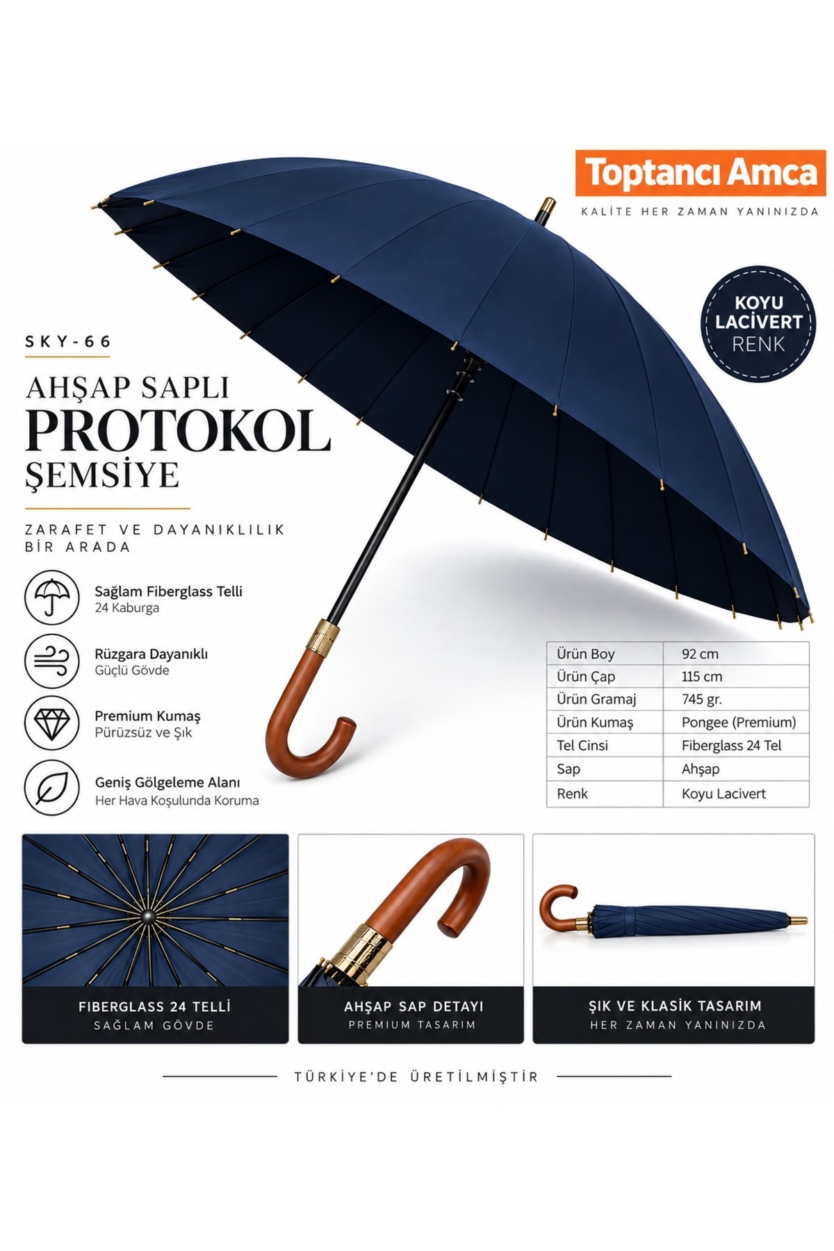 Lacivert Protokol Şemsiyesi 24 Katmanlı Ahşap Saplı Baston Şemsiye Taşıma Kılıflı 2
