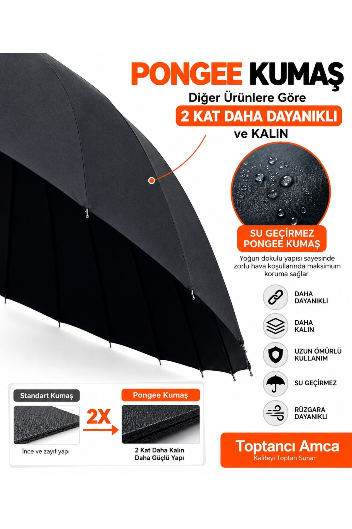 ŞEMSİYE 24 TEL BAY LÜX BASTON AHŞAP SAP METAL GÖVDE 122 CM GENİŞ ÇAPLI GERÇEK AHŞAP SAPLI KILIFLI 3