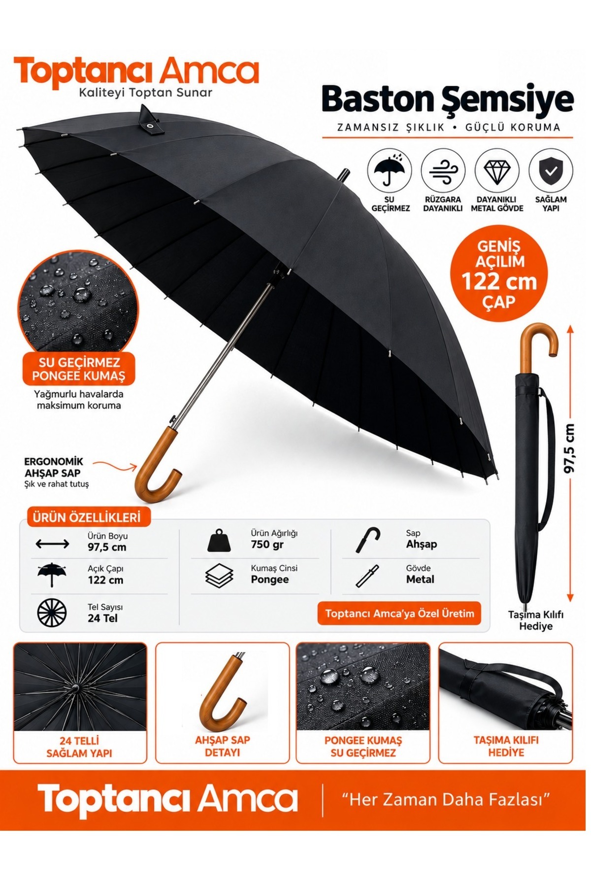 ŞEMSİYE 24 TEL BAY LÜX BASTON AHŞAP SAP METAL GÖVDE 122 CM GENİŞ ÇAPLI GERÇEK AHŞAP SAPLI KILIFLI 1