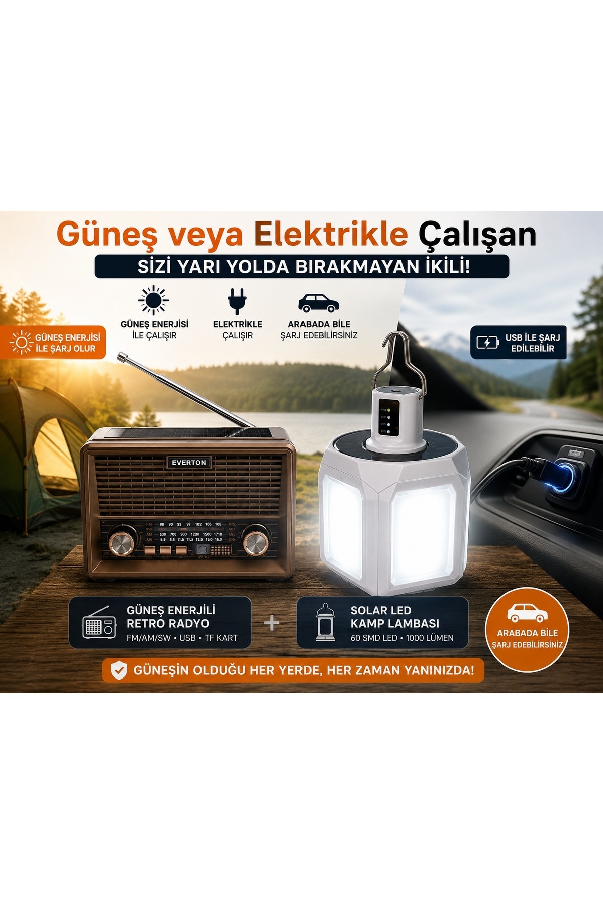 Güneşin Olduğu Her Yerde Kullan Kamp & Acil Durum Seti Güneş Enerjili Retro Radyo + Solar LED Kamp Lambası 2'li Set 2