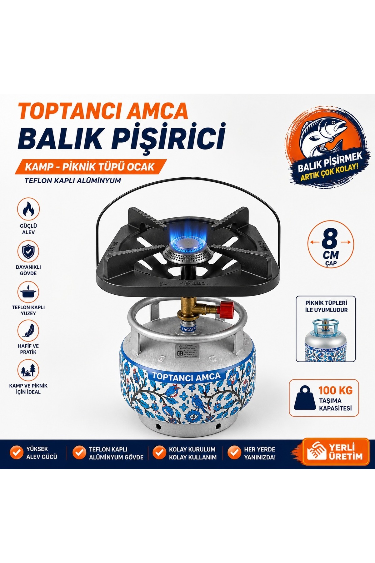 Balık Pişirici Kamp - Piknik Tüpü Ocak Teflon Kaplı Kalın Malzeme Ömürlük Ocak 8 cm çaplı turbo 2