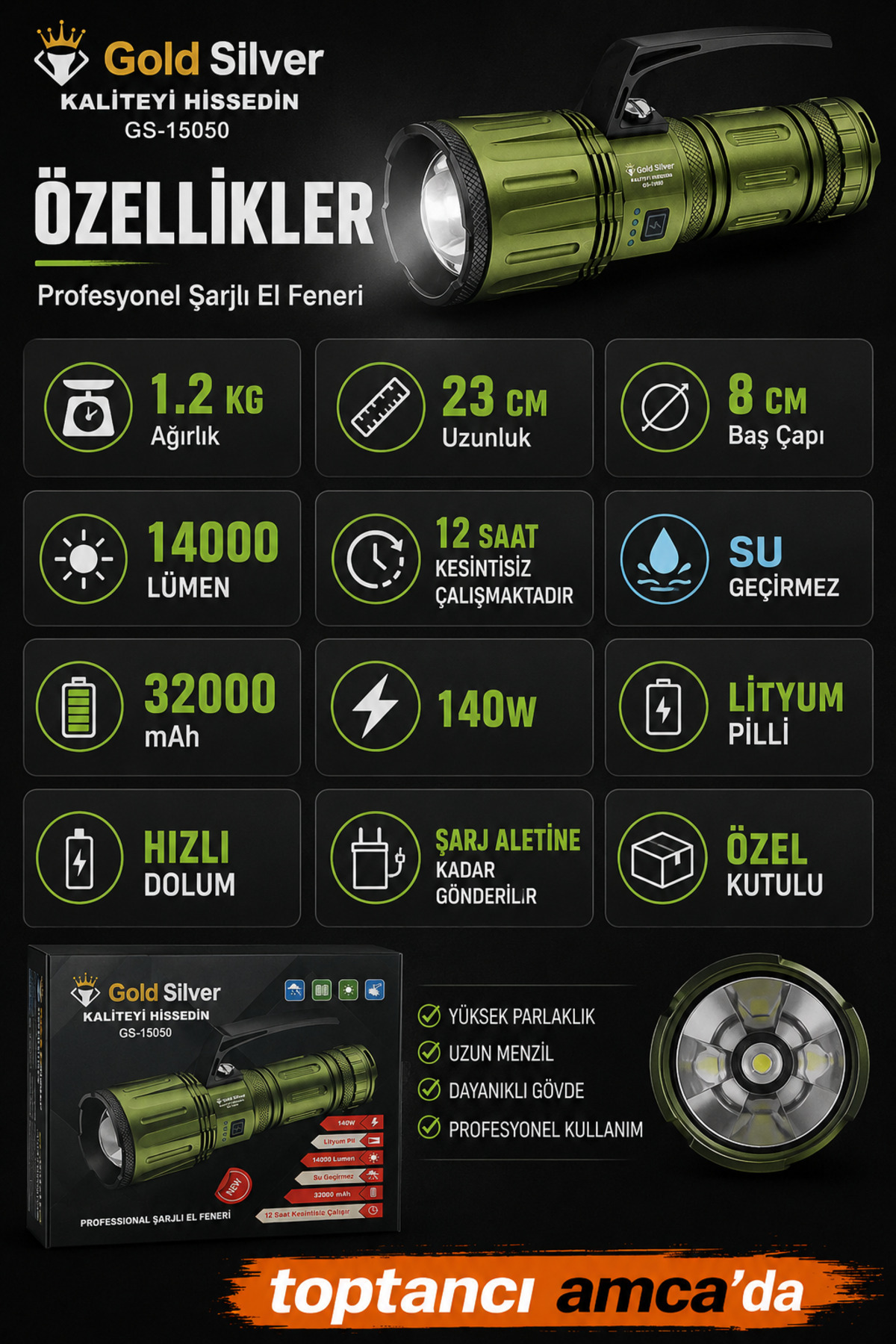 Gerçek 14000 Lümen Metal Profesyonel Şarjlı El Feneri 32000 mAh Metal Gövde Su Geçirmez 3
