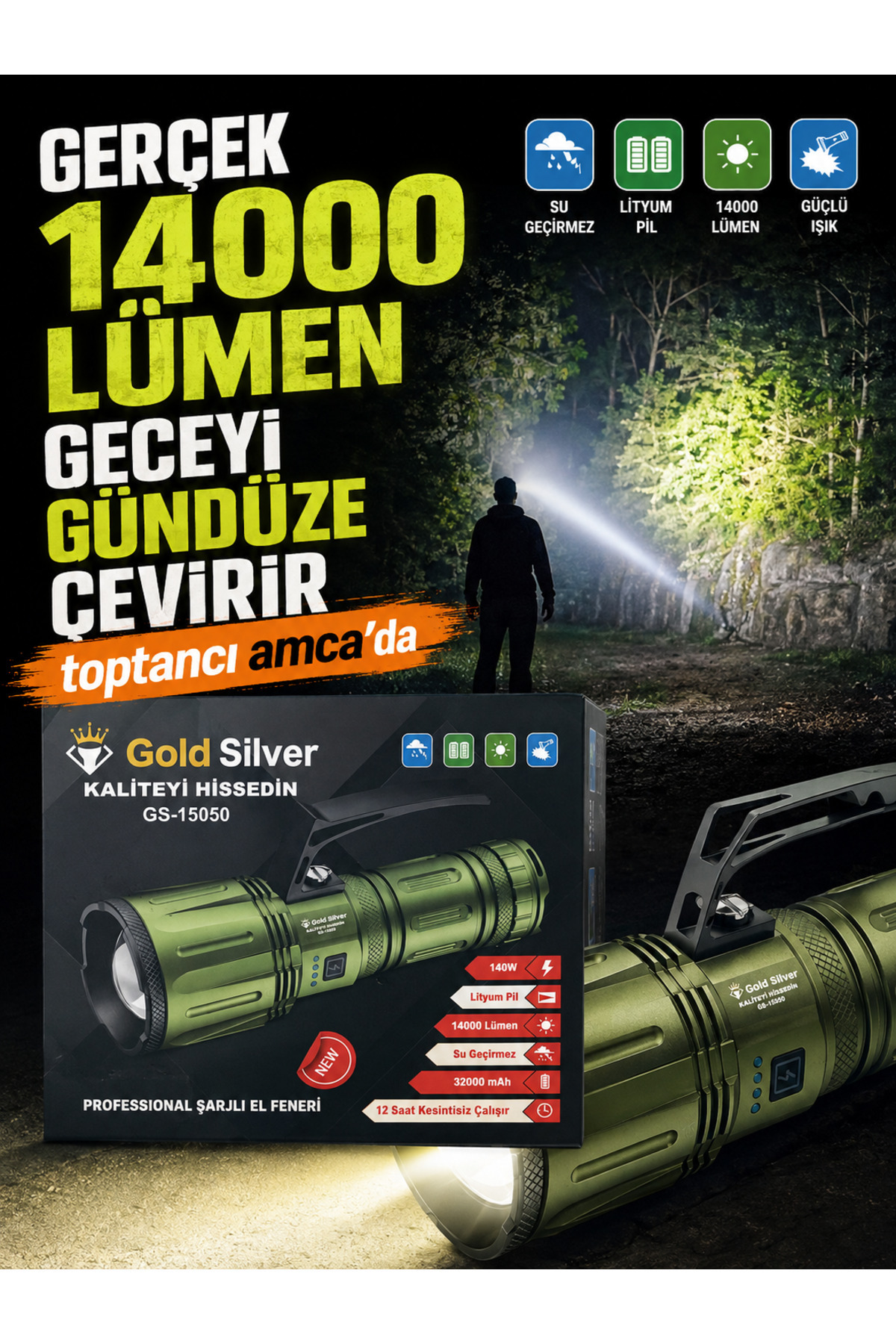 Gerçek 14000 Lümen Metal Profesyonel Şarjlı El Feneri 32000 mAh Metal Gövde Su Geçirmez 2