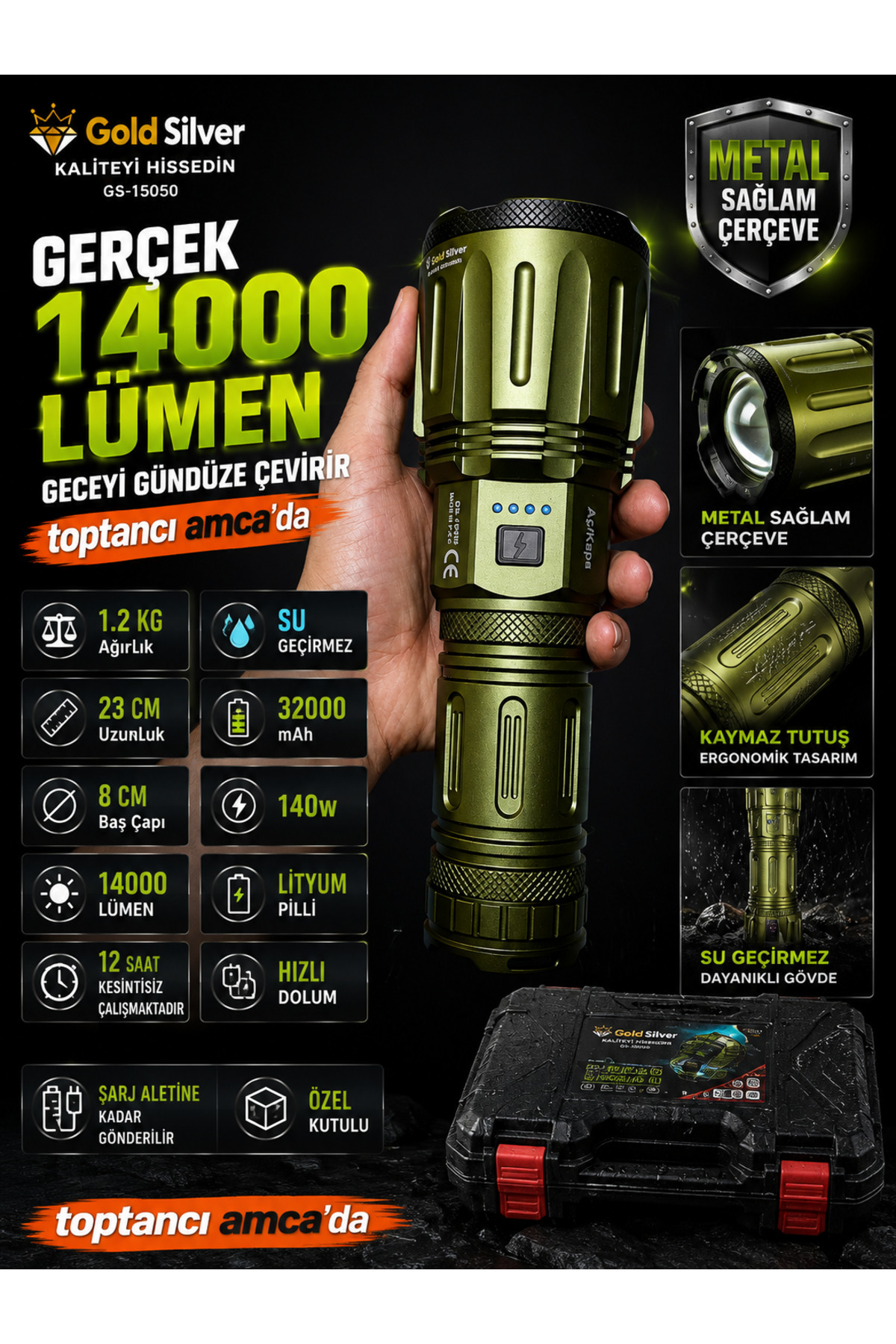 Gerçek 14000 Lümen Metal Profesyonel Şarjlı El Feneri 32000 mAh Metal Gövde Su Geçirmez 4