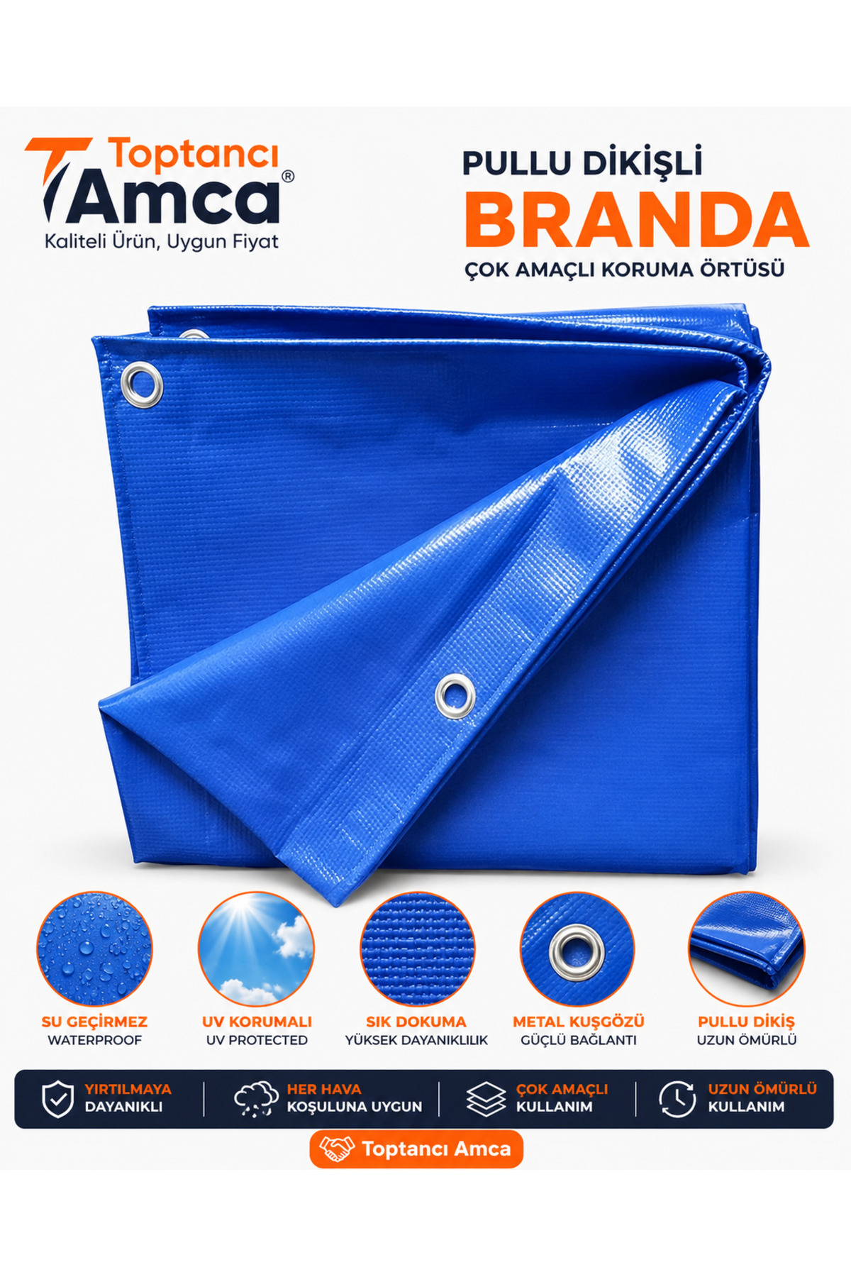 10x10 m Pullu Dikişli Branda 180 Gr Su, Yağmur ve Kar Geçirmez Çadır Brandası Mavi Koruma Örtüsü 1