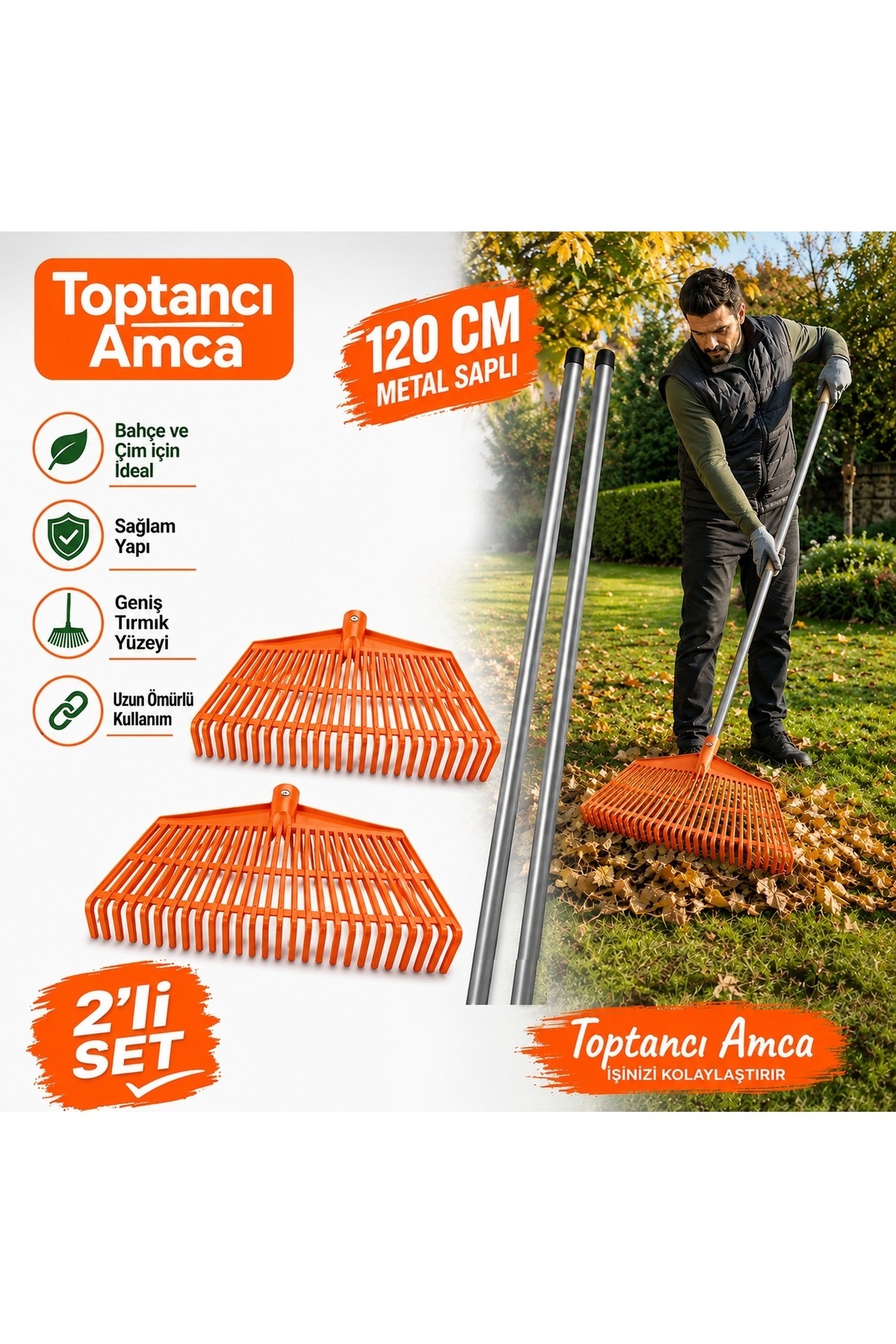 47 cm 30 dişli Plastik Yaprak Tırmığı + 120 cm Metal Saplı Bahçe Tırmığı (2 Tırmık + 2 Sap Set) 1