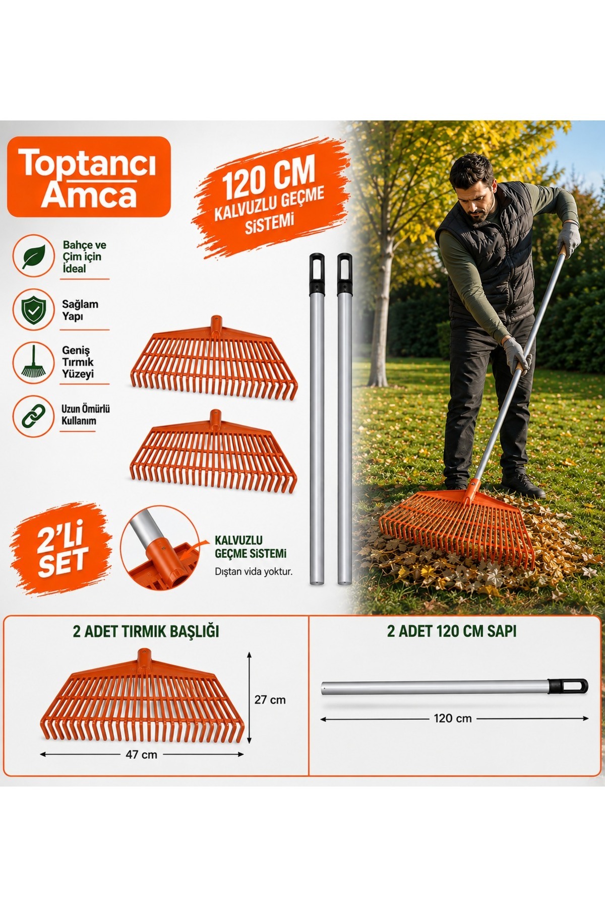 47 cm 30 dişli Plastik Yaprak Tırmığı + 120 cm Metal Saplı Bahçe Tırmığı (2 Tırmık + 2 Sap Set) 2