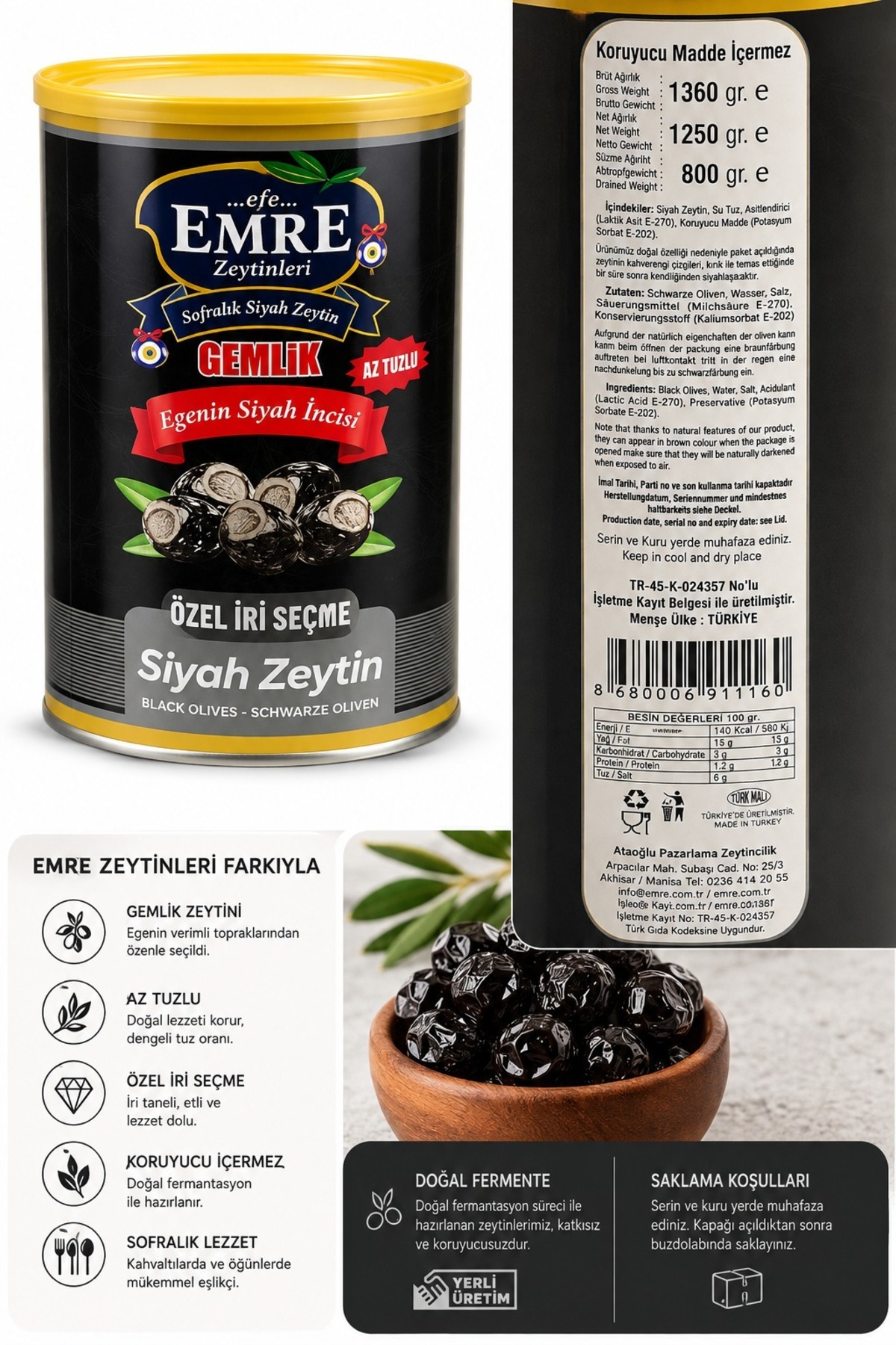Gemlik Siyah Zeytin XL Özel İri Seçme 800 Gr Süzme 1250 Gr Net Az Tuzlu Sofralık Emre Efe Zeytinleri 2