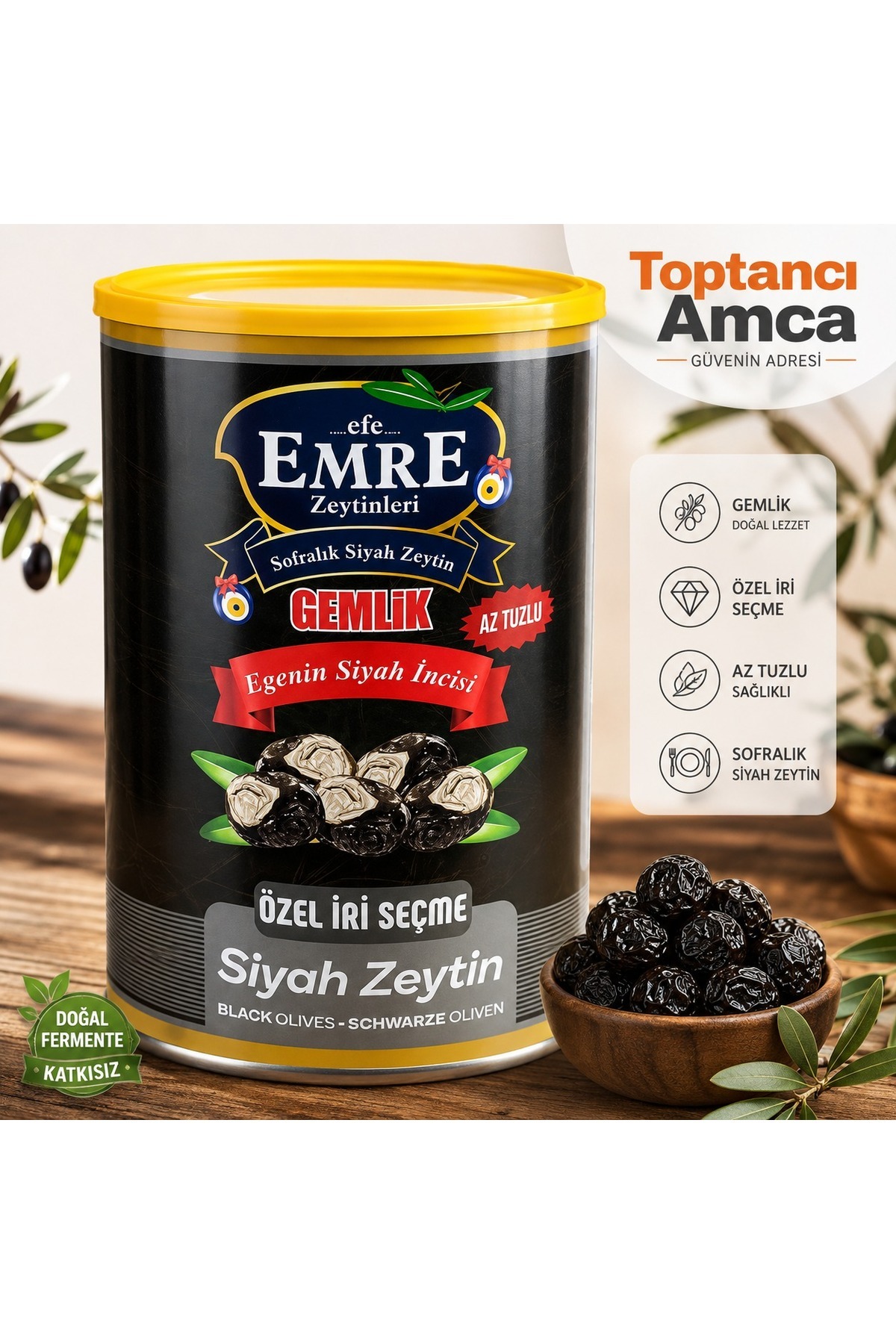 Gemlik Siyah Zeytin XL Özel İri Seçme 800 Gr Süzme 1250 Gr Net Az Tuzlu Sofralık Emre Efe Zeytinleri 1