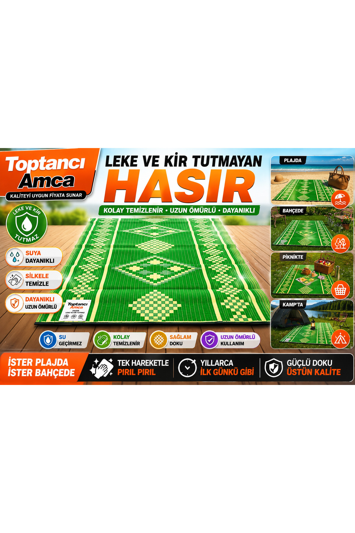 PP Dokuma Hasır Kilim 120x230 cm - Desenli Su Geçirmez Plaj, Piknik ve Kamp Matı