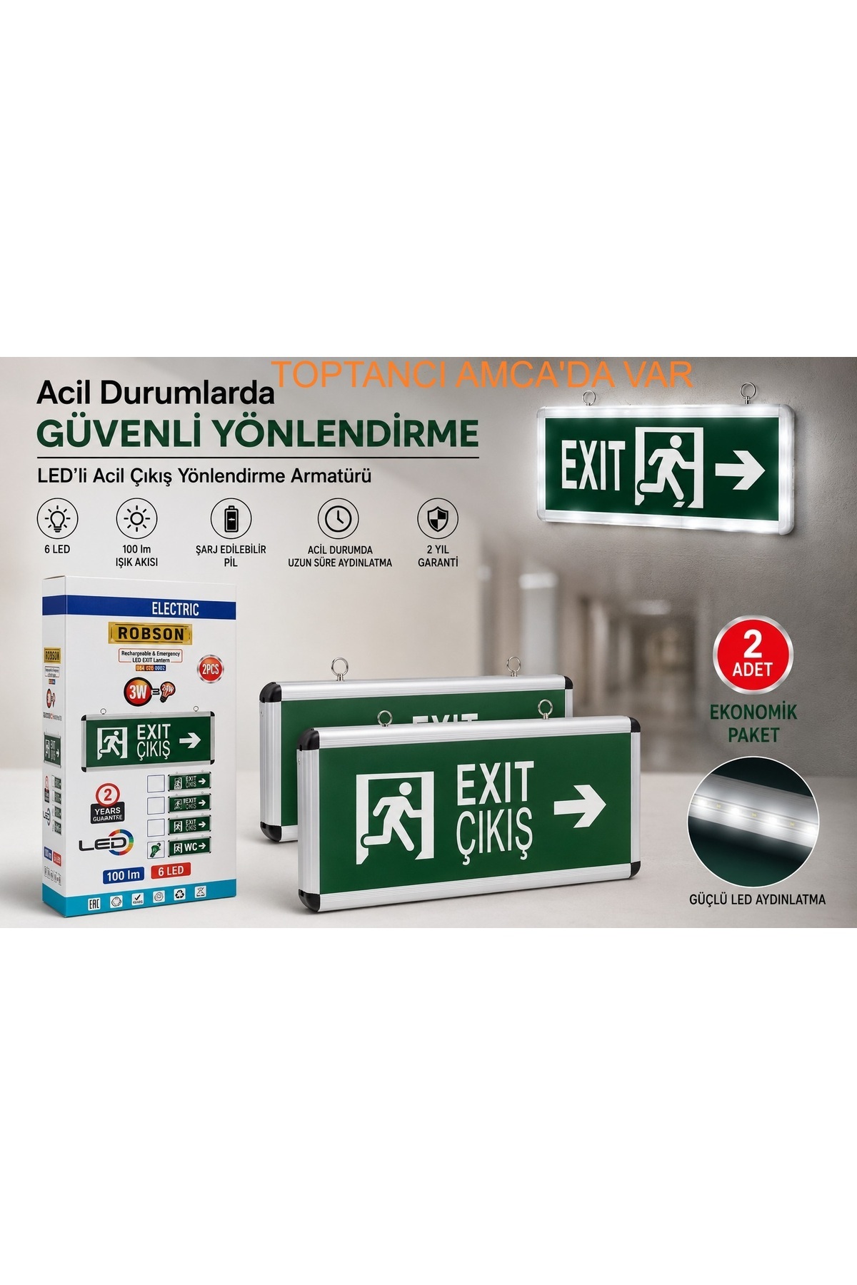 Şarjlı Acil Çıkış Yönlendirme Armatürü 6 LED 100 LM 3W 2’li Set