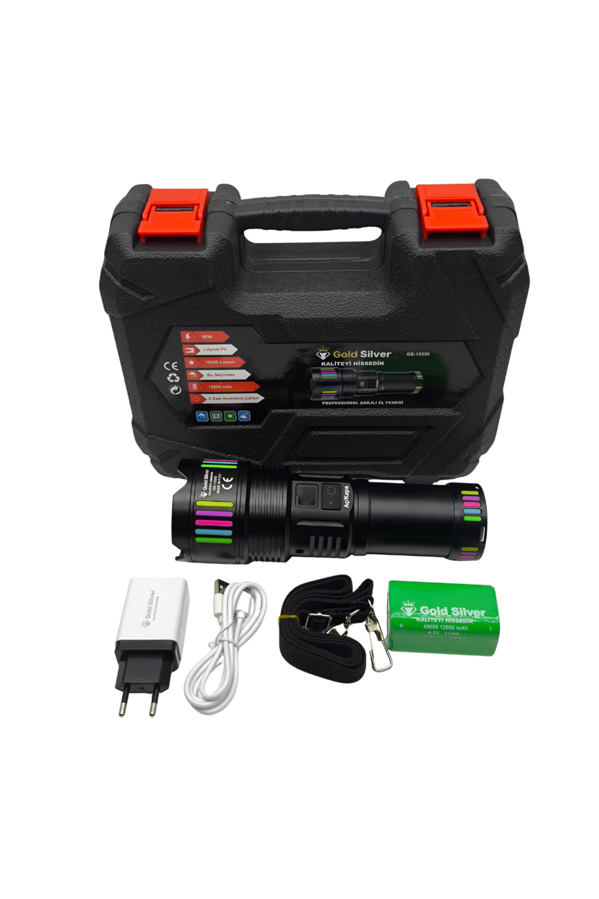 Profesyonel 90W 10000 Lümen Şarjlı El Feneri – 2 KM Menzil & Powerbank Özellikli