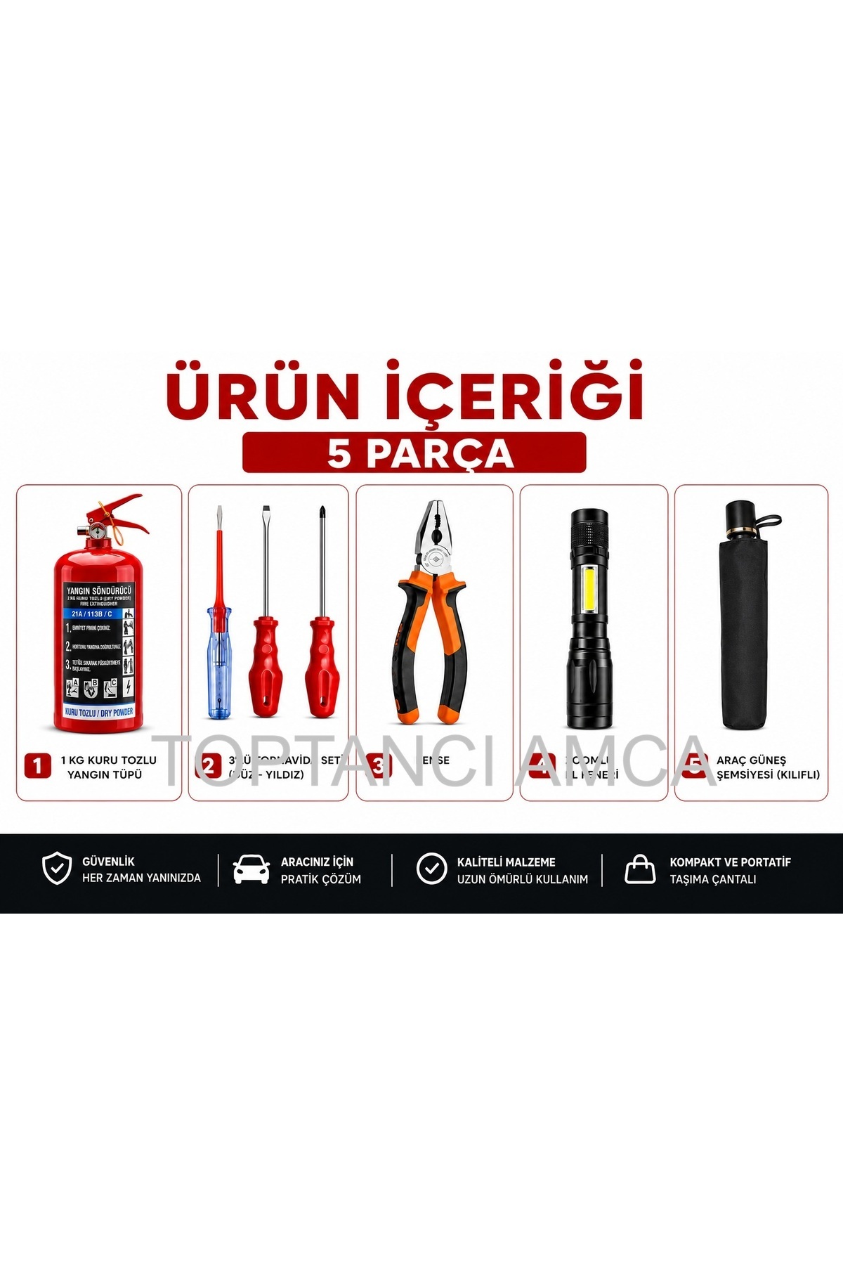 5 Parça Araç Acil Durum Seti 1 Kg Yangın Tüpü (4 Yıl Ömürlü) + Araç Güneş Şemsiyesi Kılıflı + Zoomlu El Feneri + Pense + Tornavida Seti 2