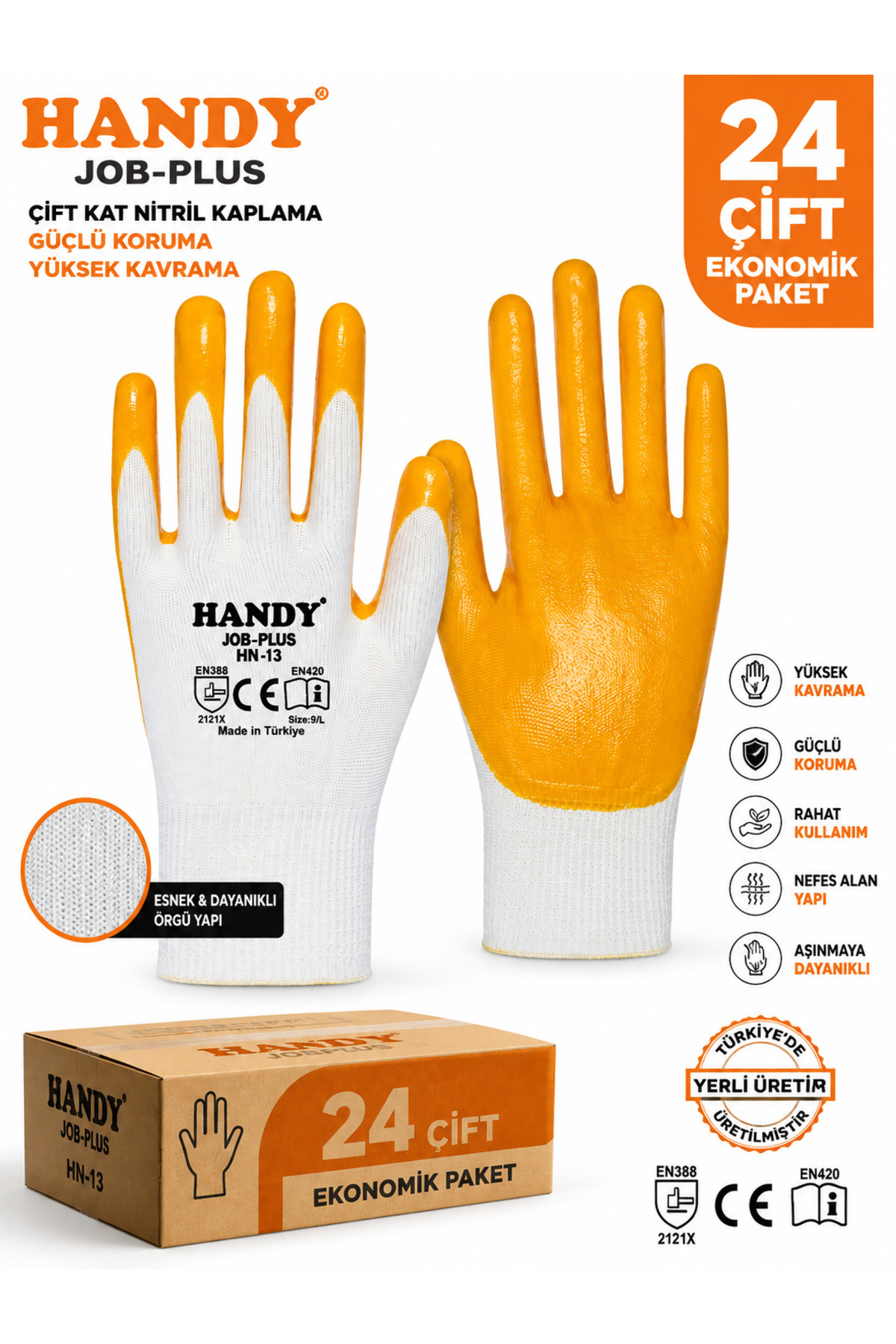 Job-Plus HN-13 Çift Kat Nitril Kaplama İş Eldiveni 24 Çift Ekonomik Paket No:10 Standart 1