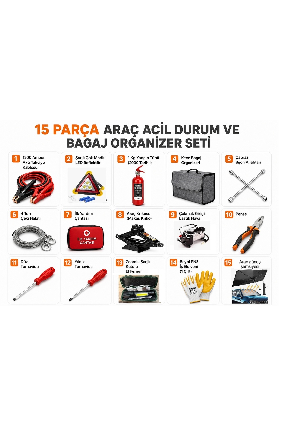 15 Parça Profesyonel Oto Acil Durum Yol Yardım Seti Bagaj Organizerli Set Oto Güneş Şemsiyesi bile bu sette var ! 2