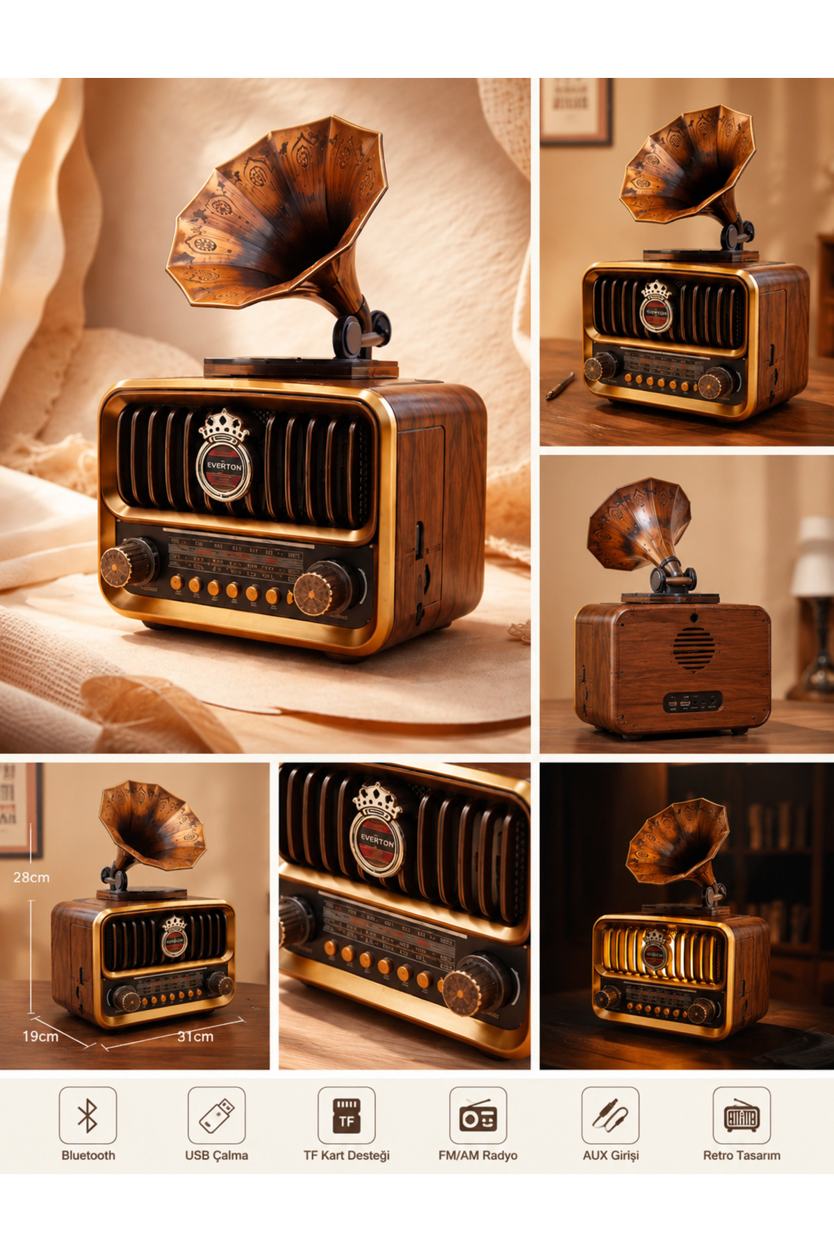 Retro Gramofonlu Bluetooth Radyo USB TF Kart FM AM AUX Girişli Nostaljik Müzik Seti