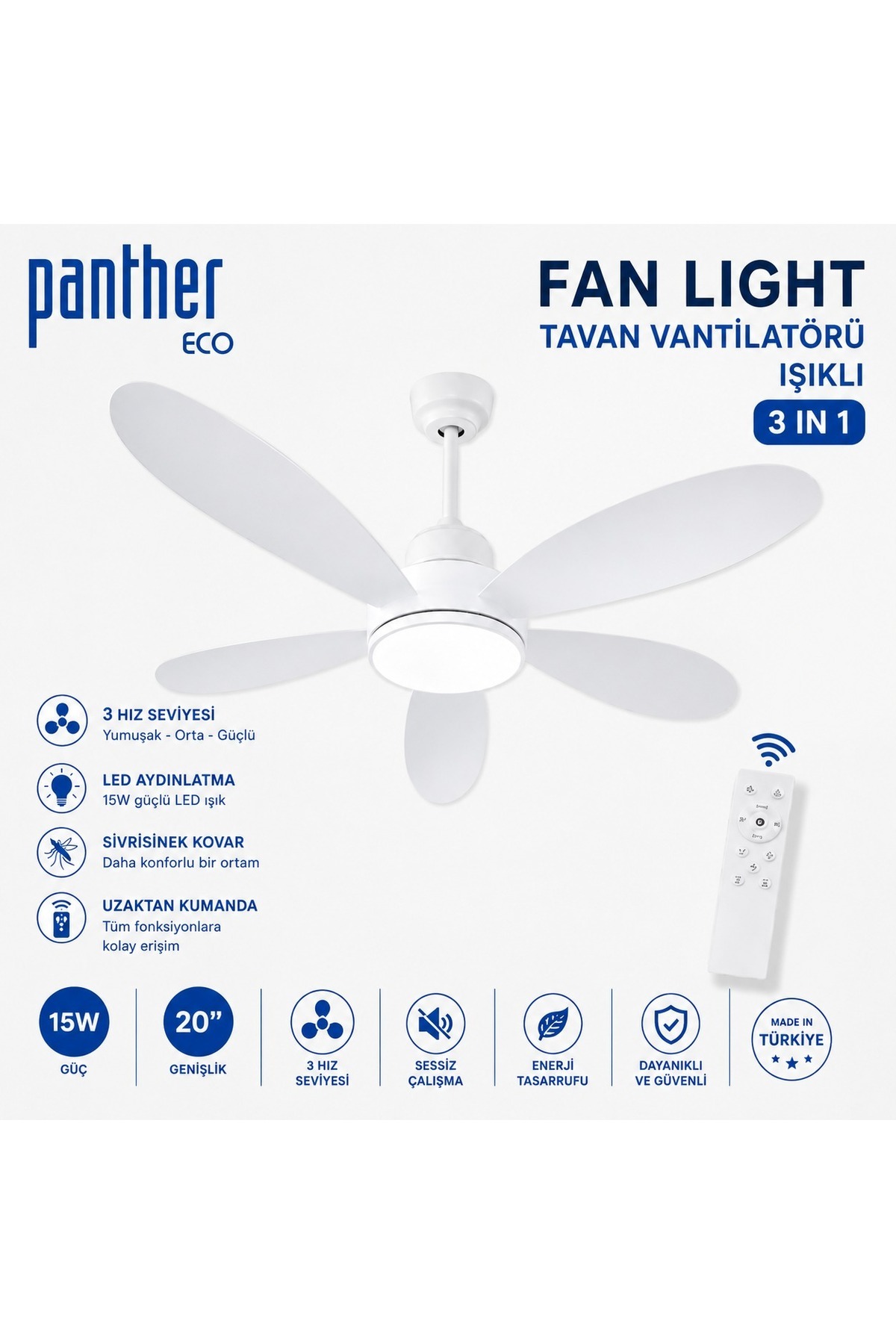 Eco Fan Light 3'ü 1 Arada Tavan Vantilatörü LED Ampul Sivrisinek Kovar 15W 20 İnç Kumandalı 3
