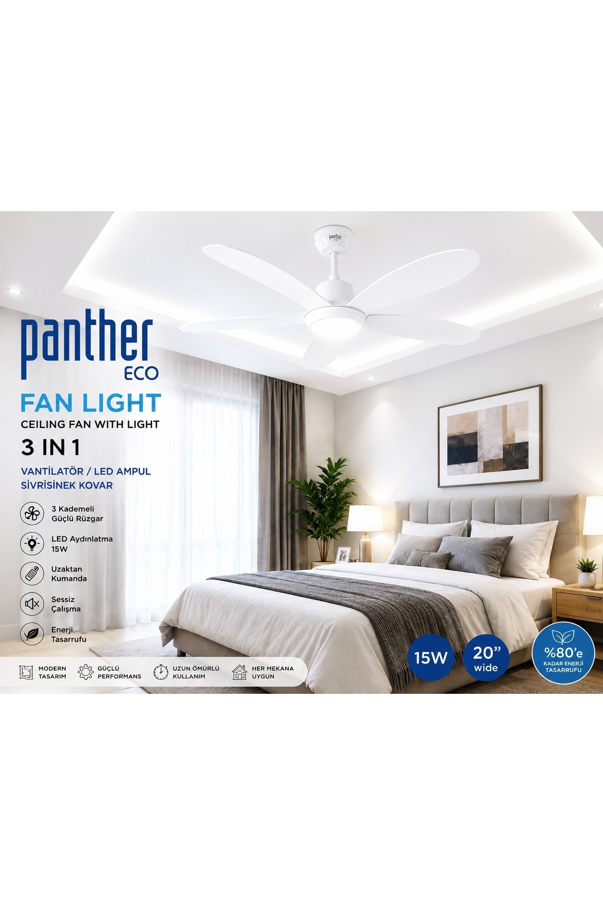 Eco Fan Light 3'ü 1 Arada Tavan Vantilatörü LED Ampul Sivrisinek Kovar 15W 20 İnç Kumandalı