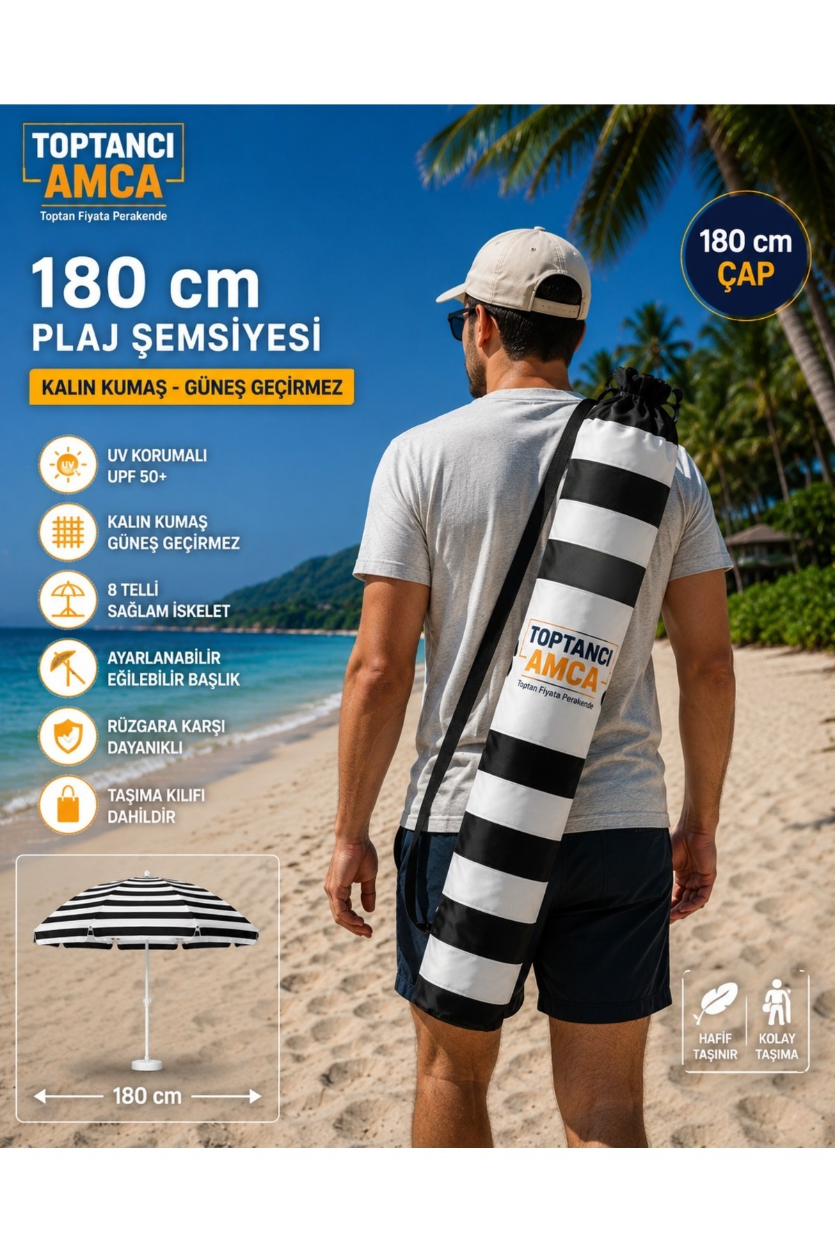 180 cm Çizgili Plaj Şemsiyesi 8 Telli Kalın Kumaş Güneş Geçirmez Taşıma Kılıflı Ayarlanabilir KARIŞIK 4