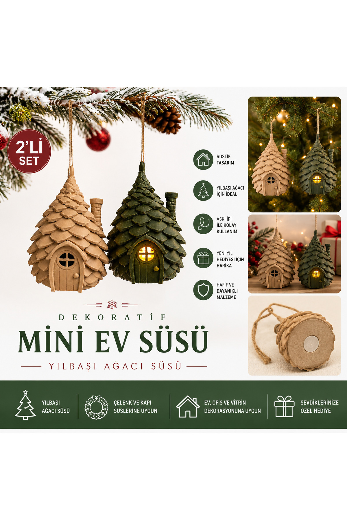 Yılbaşı Ağaç Süsü Dekoratif Mini Ev Süsü Askılı Noel Ağacı Süsü 3d Baskı 2’li Set 2