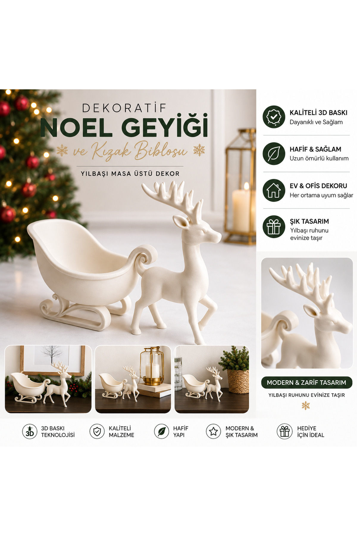 Yılbaşı Dekoratif Noel Baba Geyik ve Kızak Biblosu – 3D Baskı Masa Üstü Dekor 3