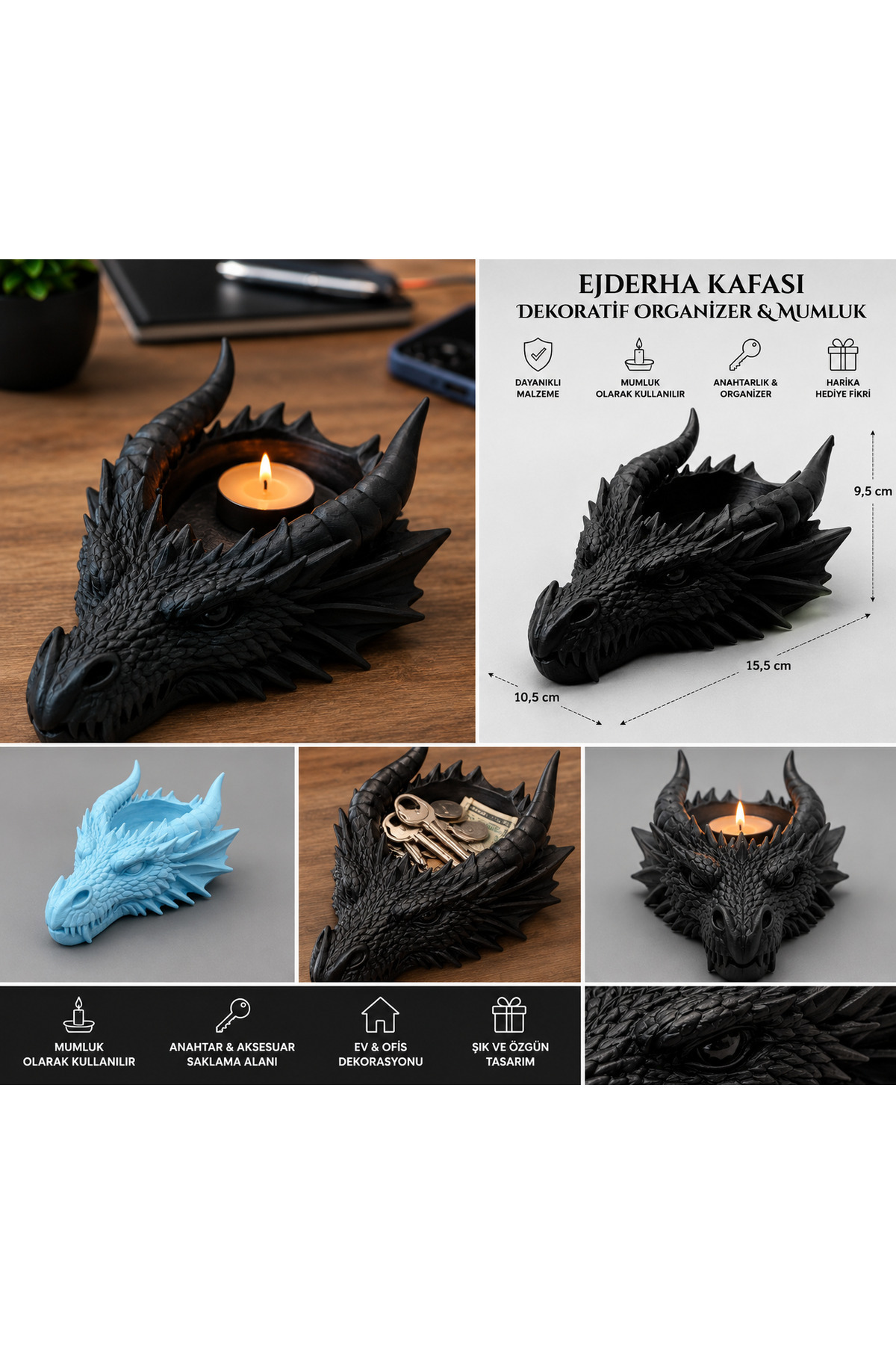 Ejderha Kafası Dekoratif Mumluk Anahtarlık Kase Masaüstü Organizer 3D Baskı Siyah 3