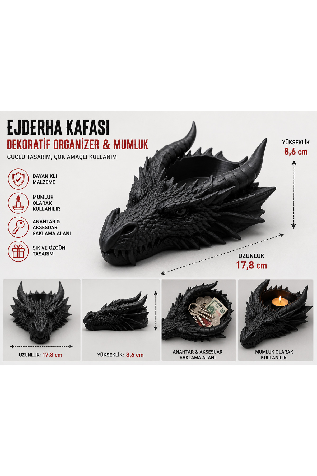 Ejderha Kafası Dekoratif Mumluk Anahtarlık Kase Masaüstü Organizer 3D Baskı Siyah 2