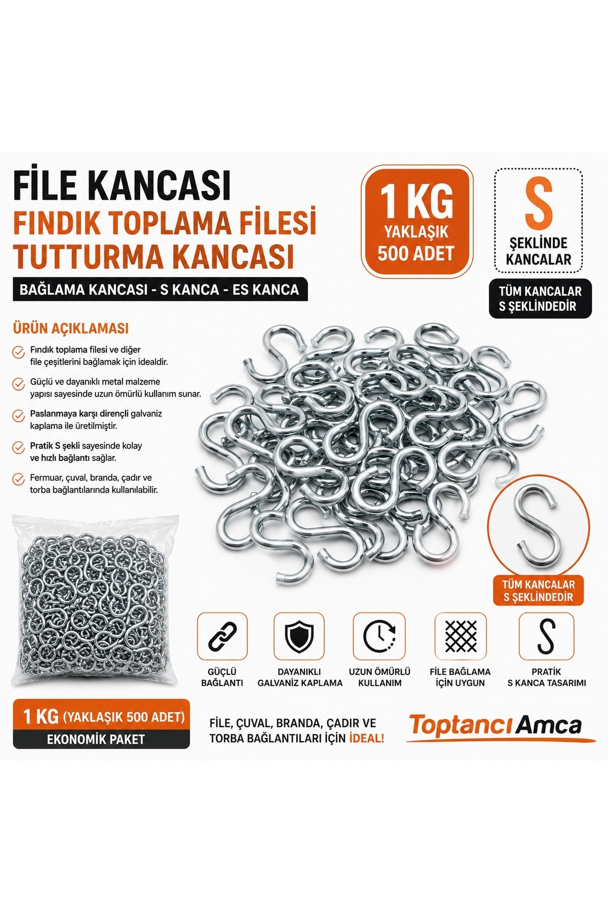 FİLE KANCASI FINDIK TOPLAMA FİLESİ TUTTURMA KANCASI BAĞLAMA KANCASI 1 KG S KANCA ES KANCA 500 Adet 2