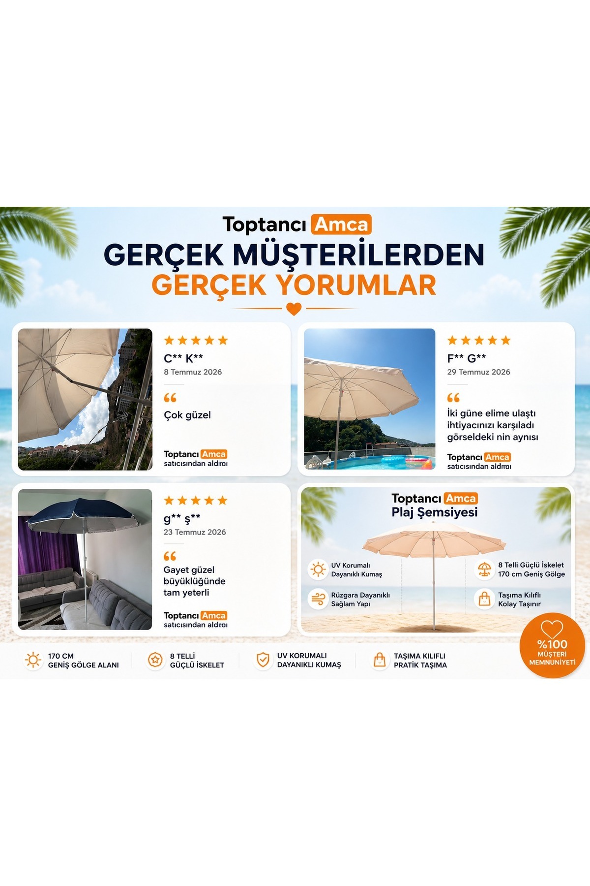 Eğilebilir 8 Telli 170 Cm Plaj Şemsiyesi, Renkli, Yüksek Kalite Şeffaf Taşıma Kılıflı 360 derece ayarlanır şemsiye kazığı hediye 5